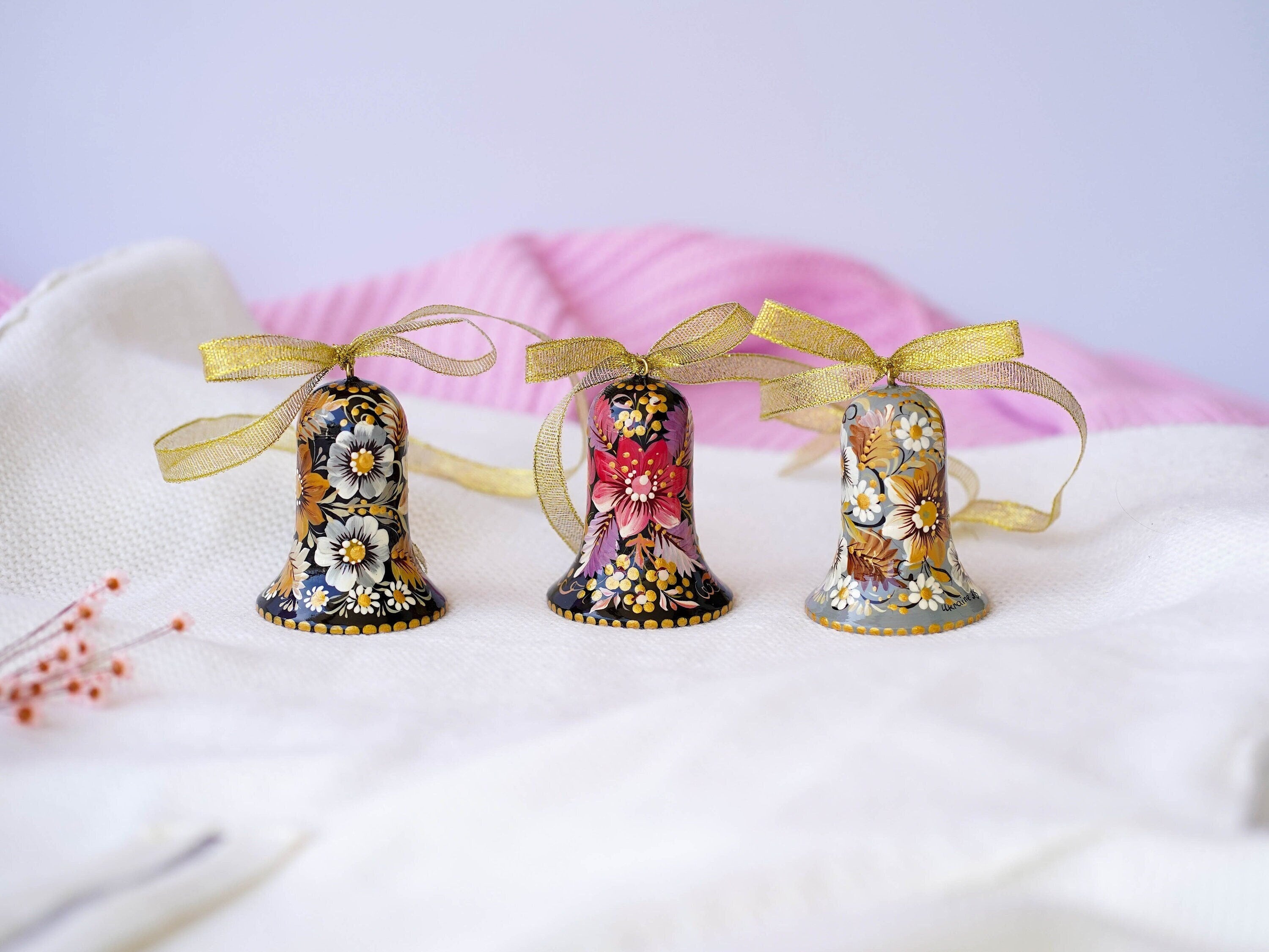 Ukrainian Christmas bell ornament - Hand-painted wooden tree decoration, Ukrainian Christmas ornament personalized with Petrykivka art