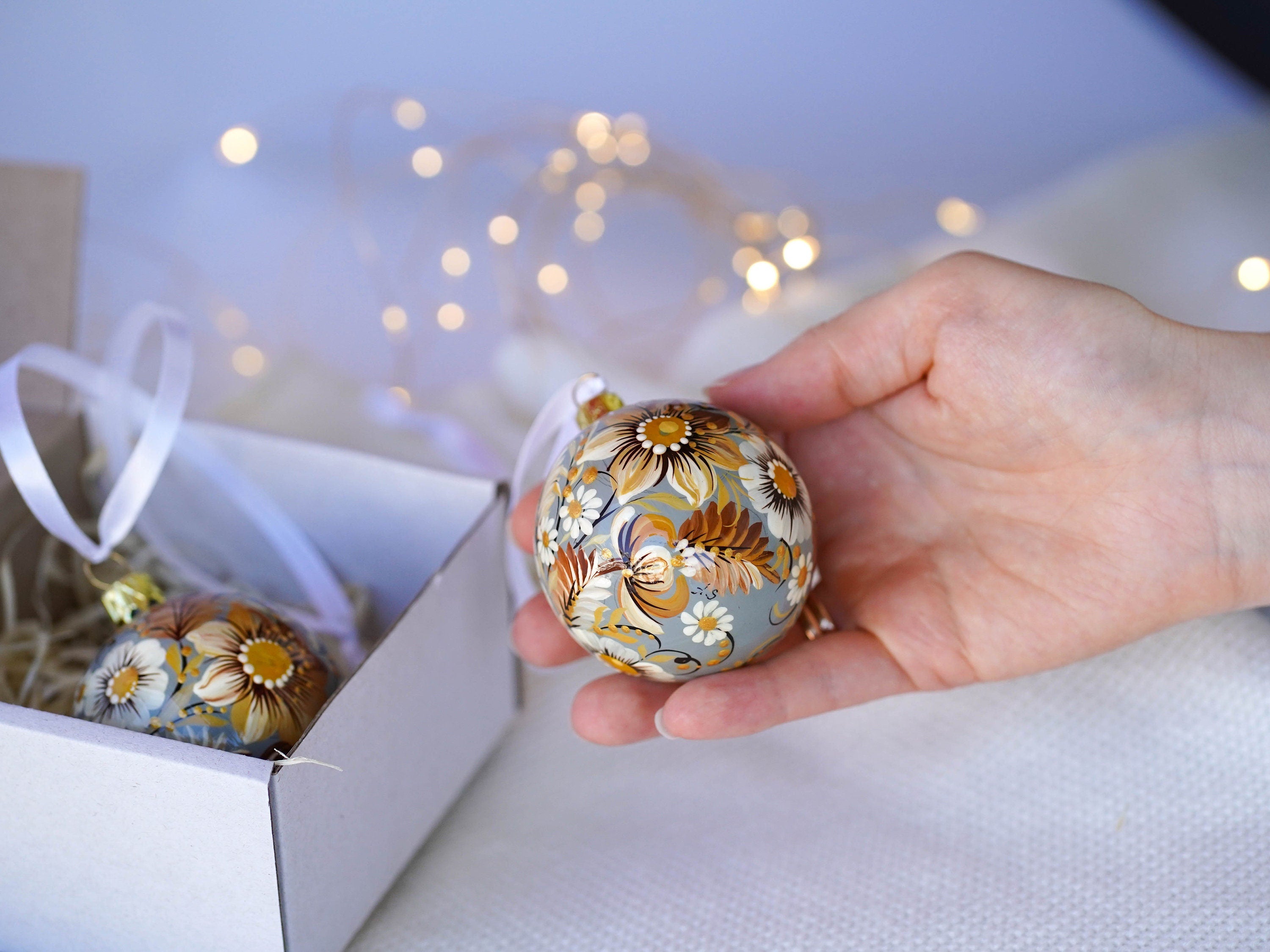 Set of 2Hhand-painted Christmas ornaments, Gift-wrapped