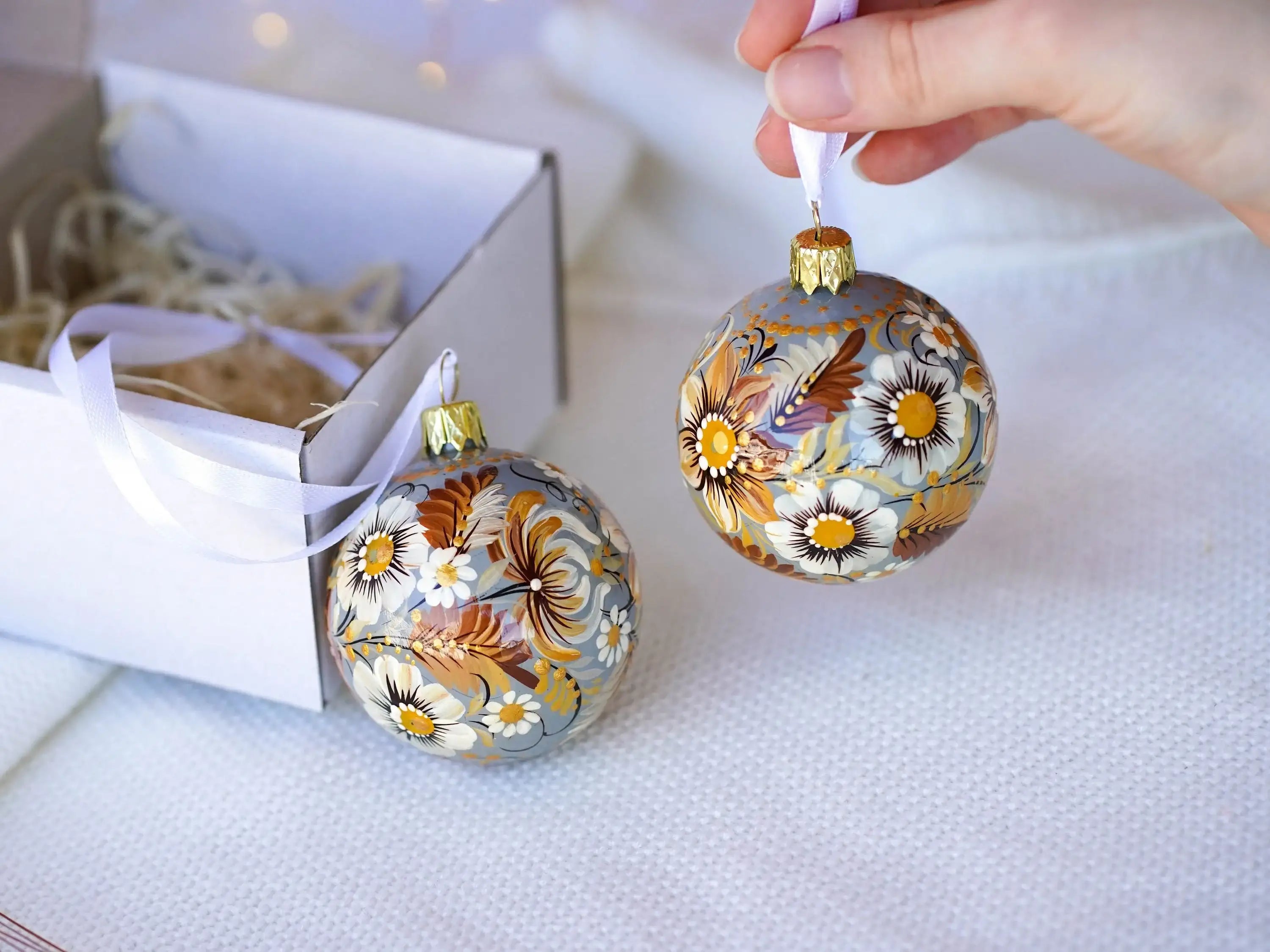 Set of 2Hhand-painted Christmas ornaments, Gift-wrapped