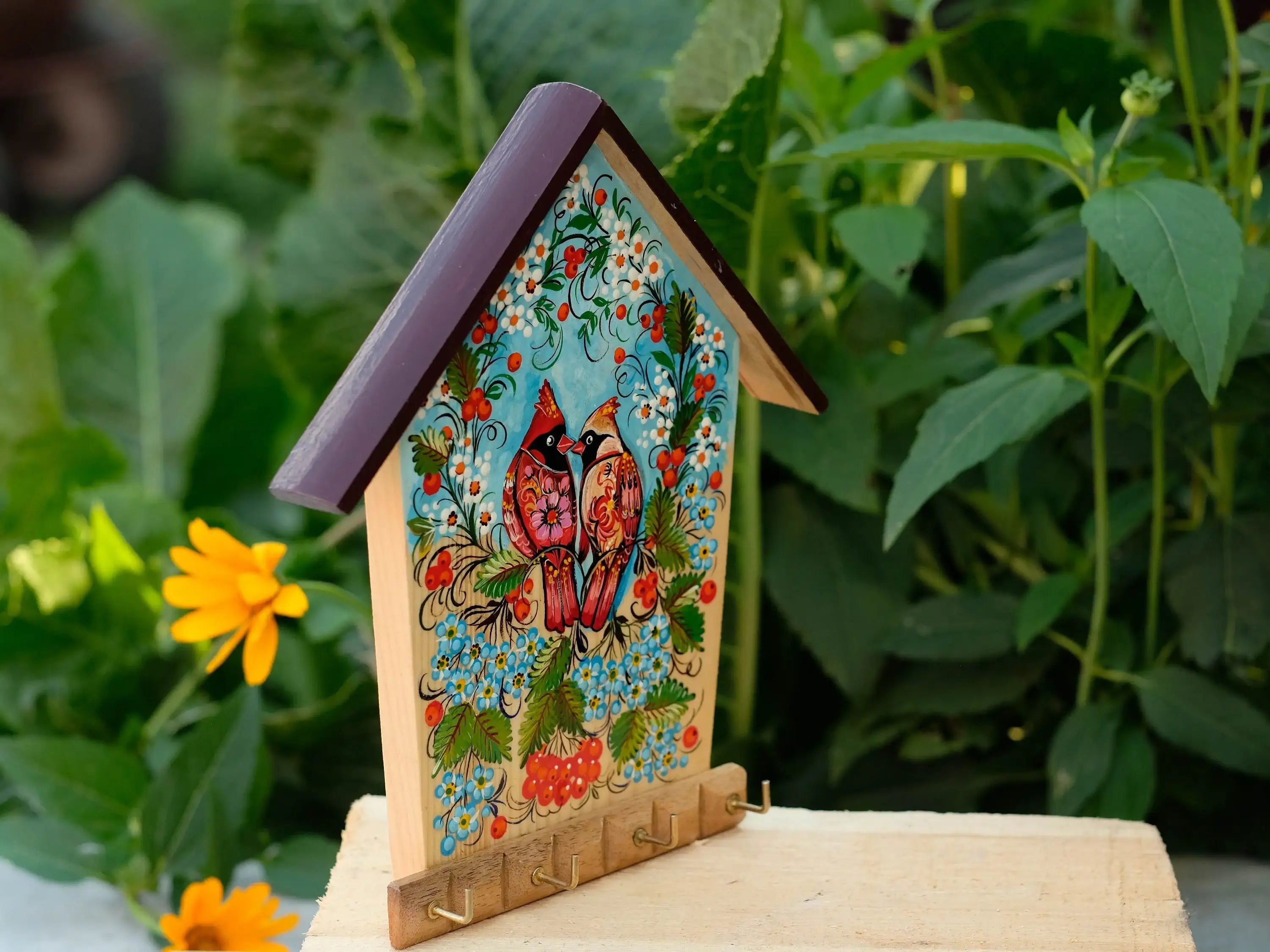 Wooden Painted Personalized Key Holder for Wall with Cardinal Couple - House-shaped Atrisanal Key Hanger for Wall, Petrykivka Art