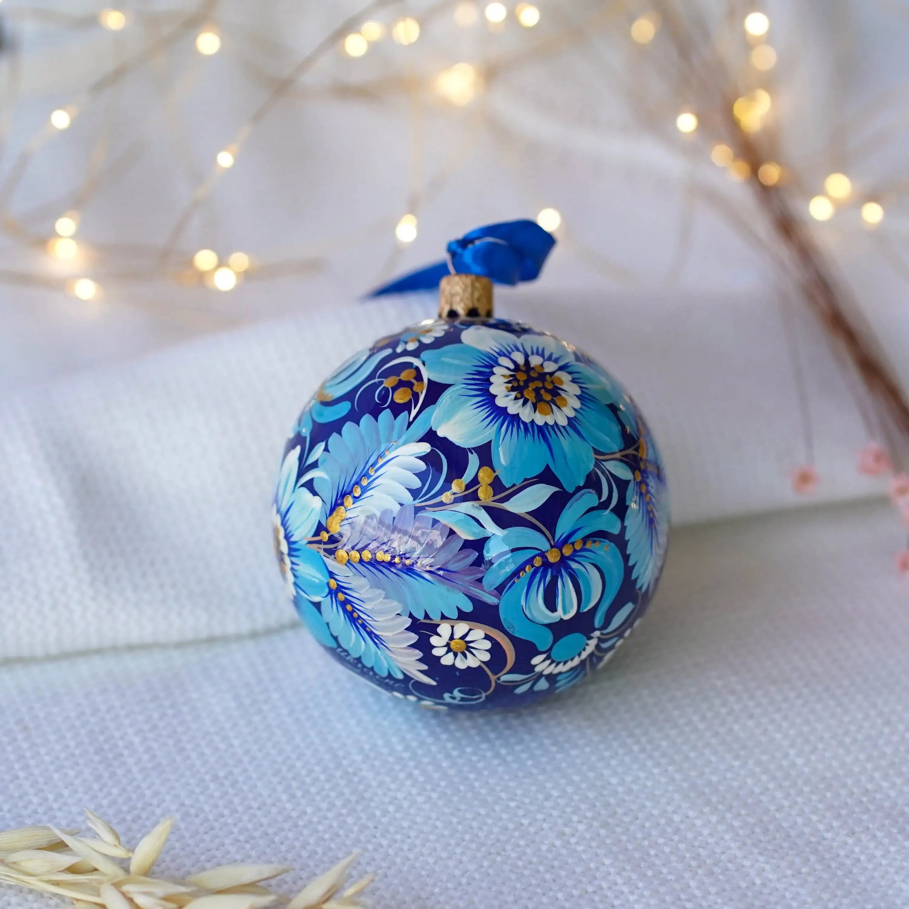 Hand-painted Blue Fairy Bird Christmas Ornament Ball 3.14 in, Handmade Artisanal Christmas Tree Decoration, Petrykivka Art