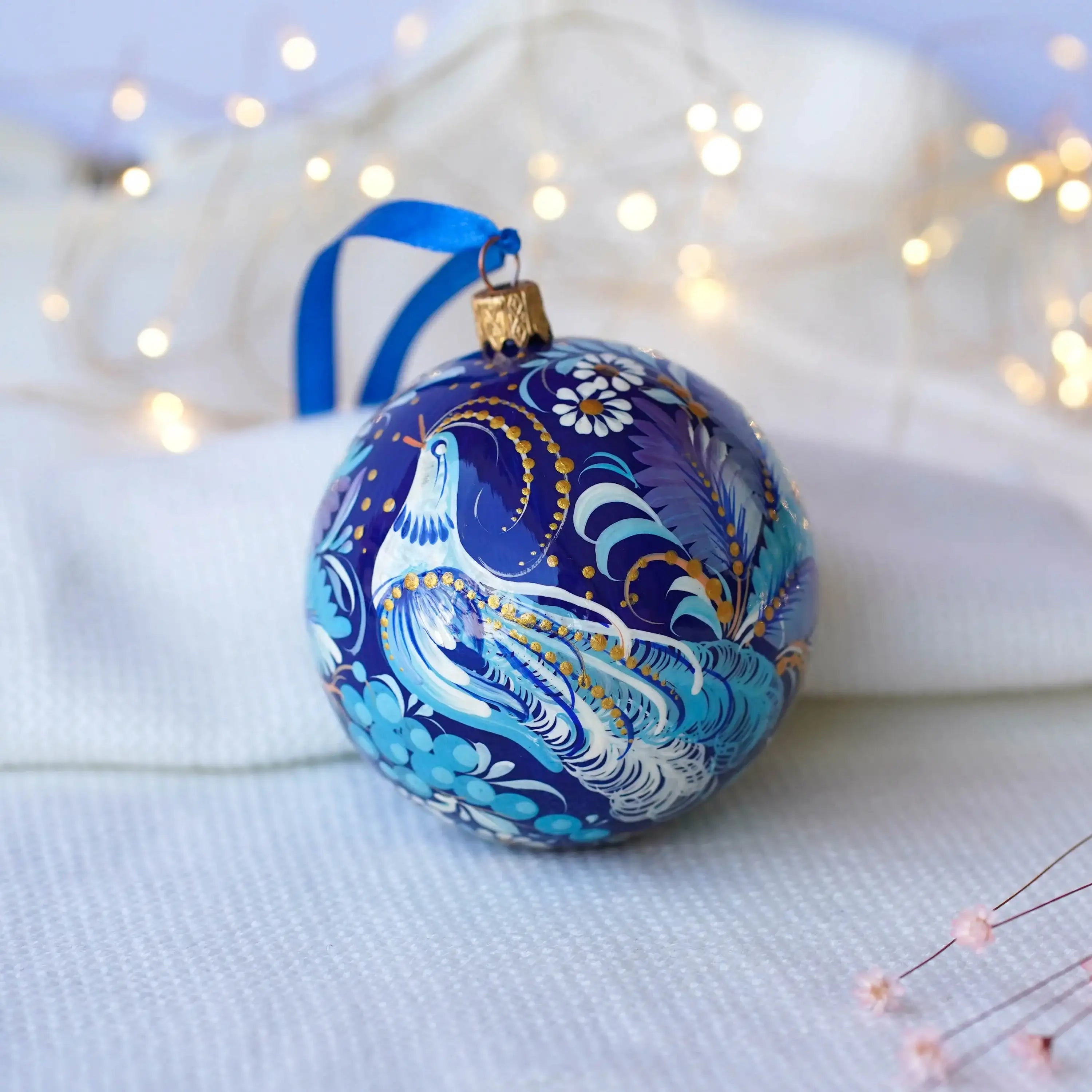 Hand-painted Blue Fairy Bird Christmas Ornament Ball 3.14 in, Handmade Artisanal Christmas Tree Decoration, Petrykivka Art