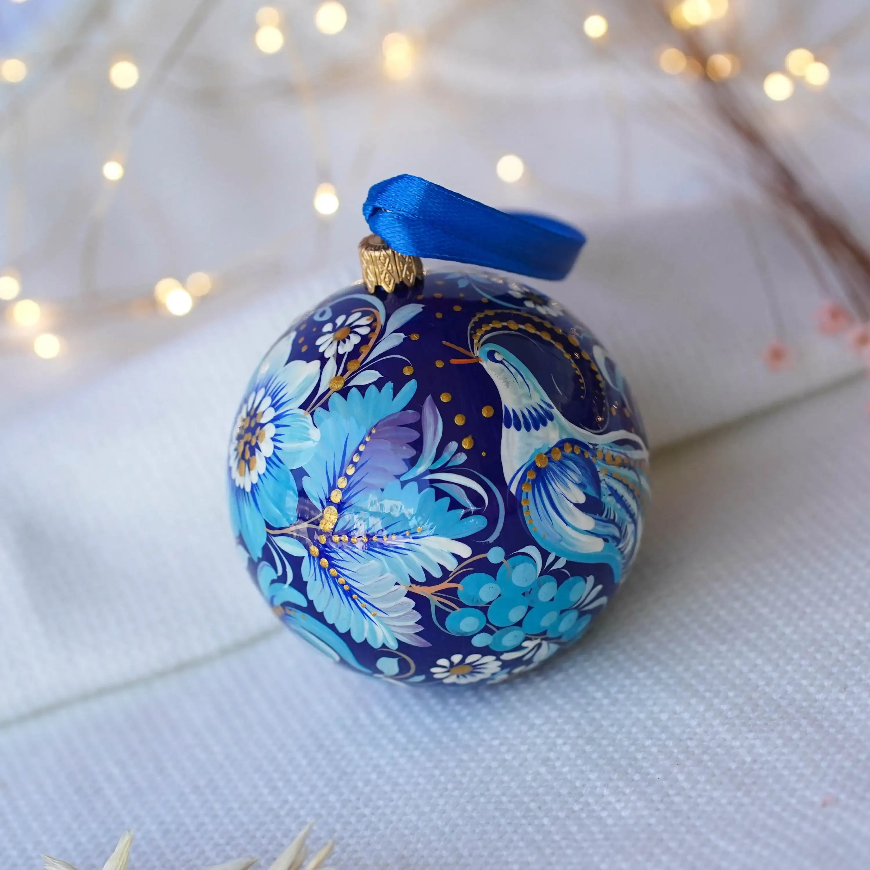 Hand-painted Blue Fairy Bird Christmas Ornament Ball 3.14 in, Handmade Artisanal Christmas Tree Decoration, Petrykivka Art
