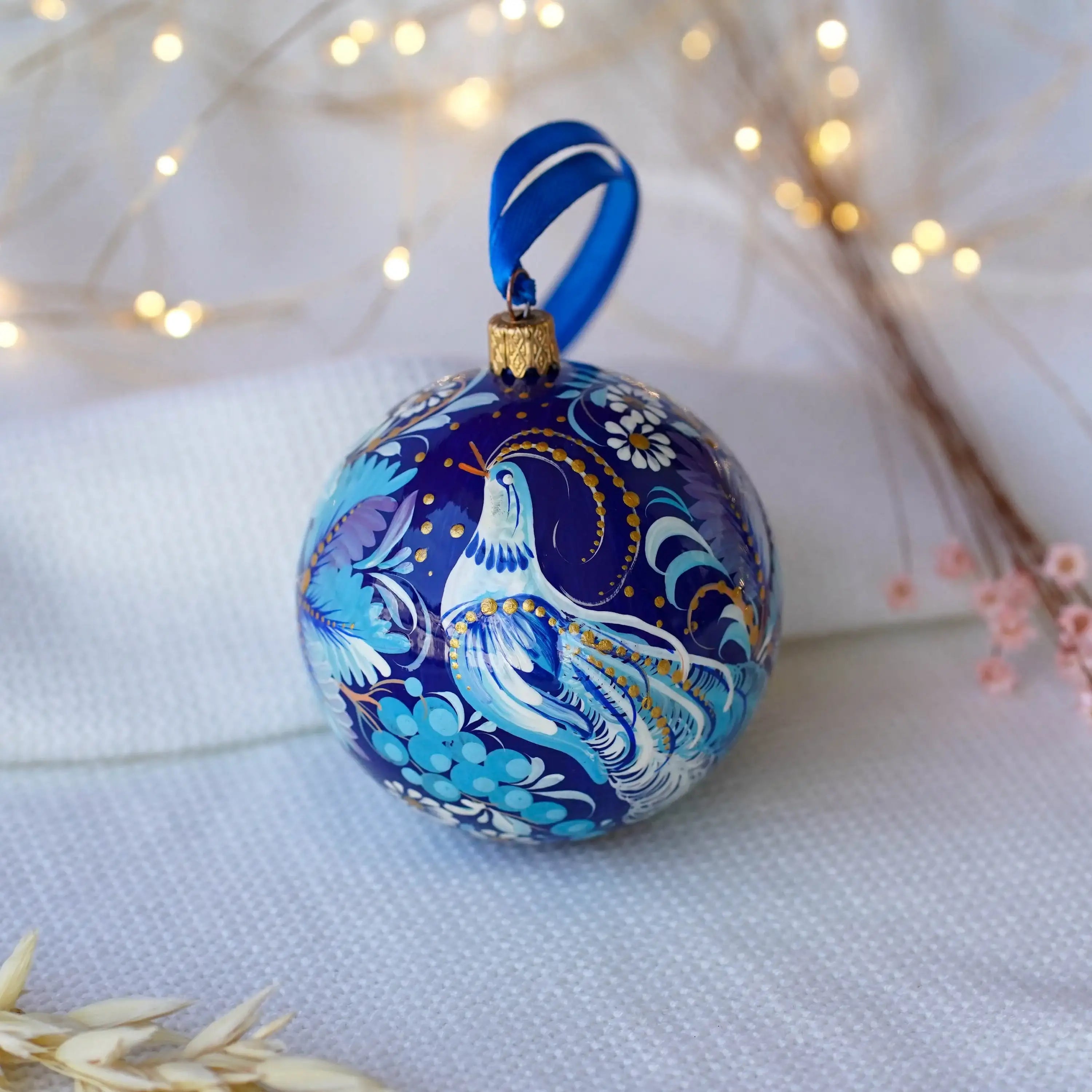 Hand-painted Blue Fairy Bird Christmas Ornament Ball 3.14 in, Handmade Artisanal Christmas Tree Decoration, Petrykivka Art