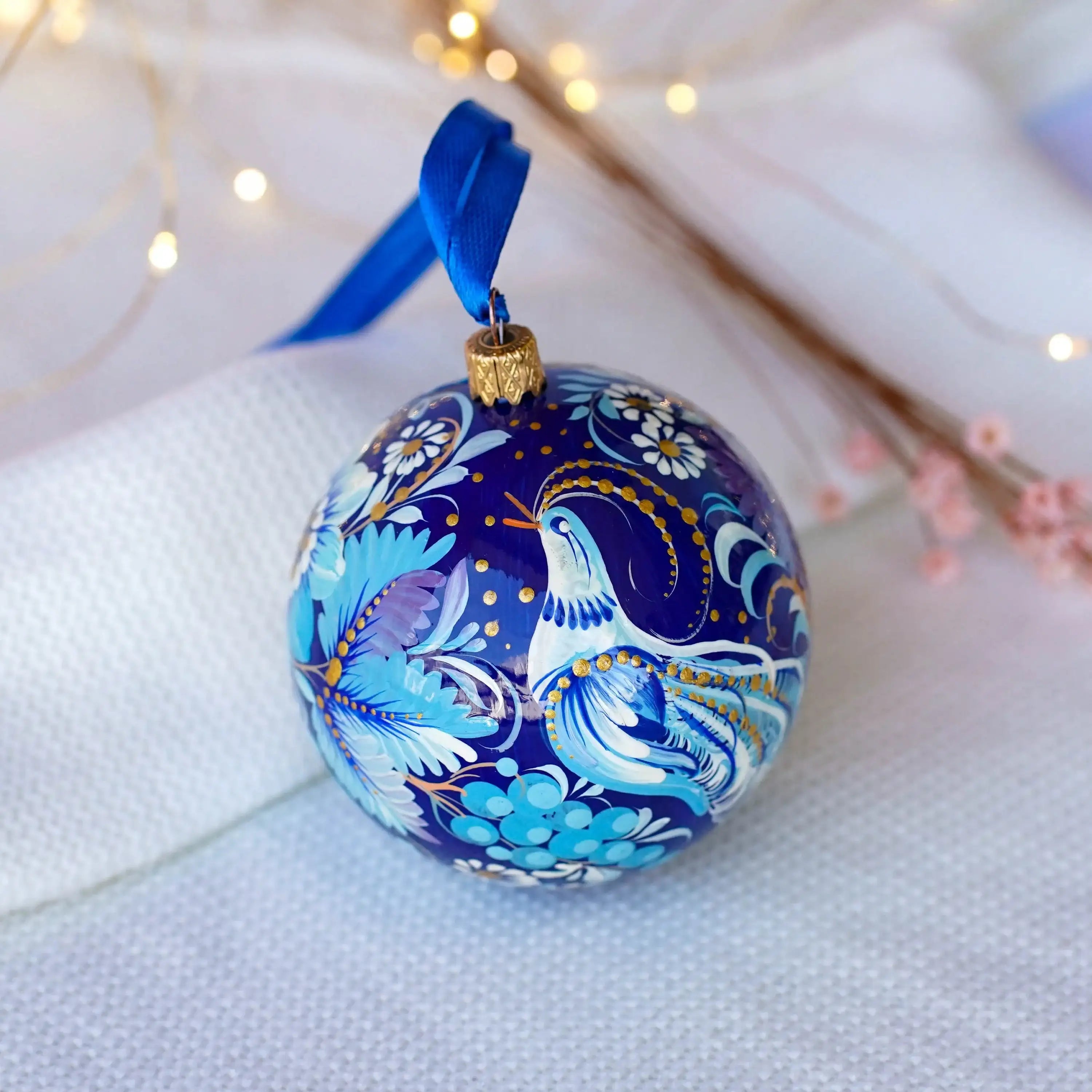 Hand-painted Blue Fairy Bird Christmas Ornament Ball 3.14 in, Handmade Artisanal Christmas Tree Decoration, Petrykivka Art