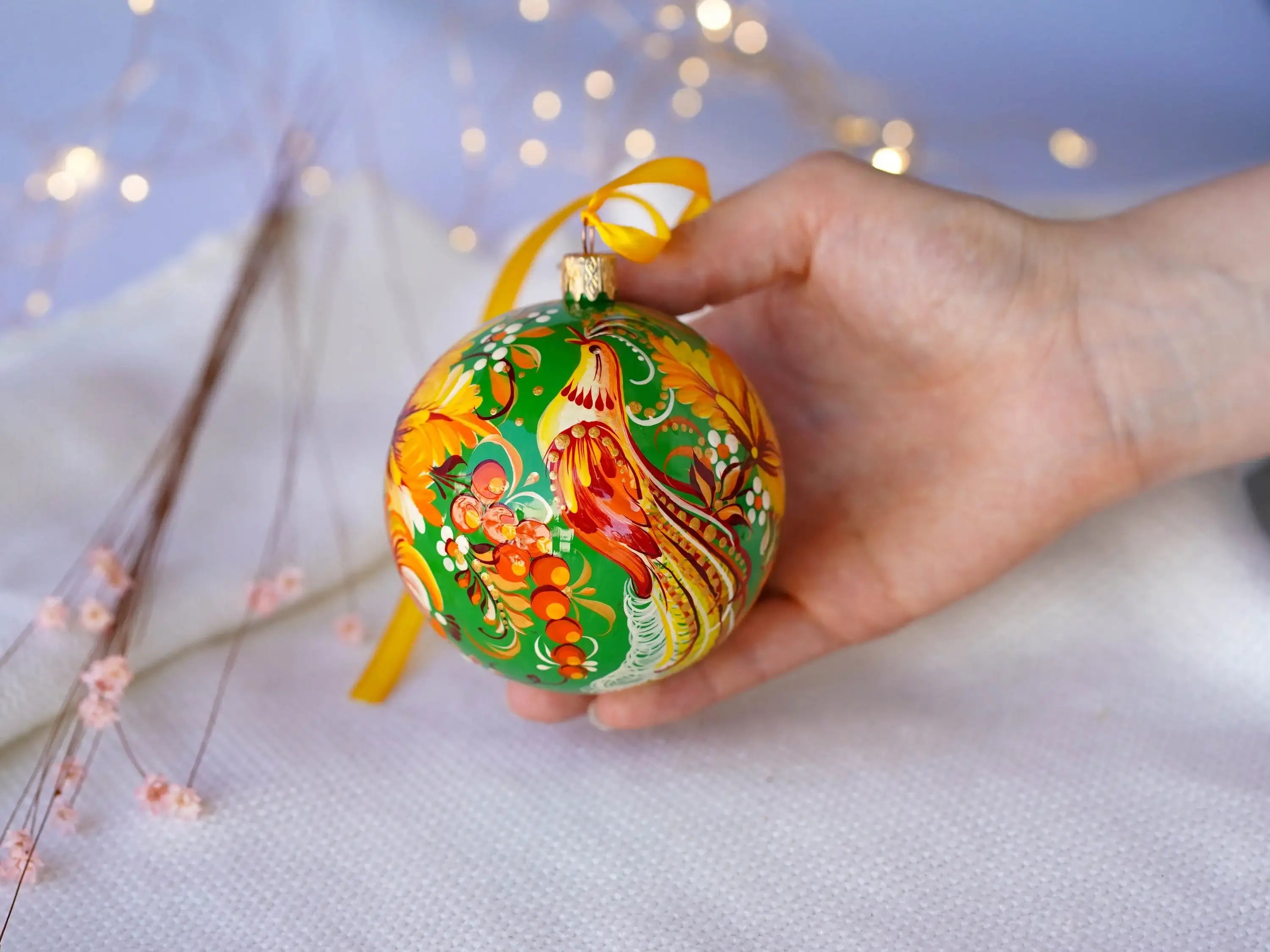 Painted Set of 3 Fairy Bird Christmas Ornament Balls 3.14 in - Artisanal Christmas Tree Decorations, Petrykivka Art