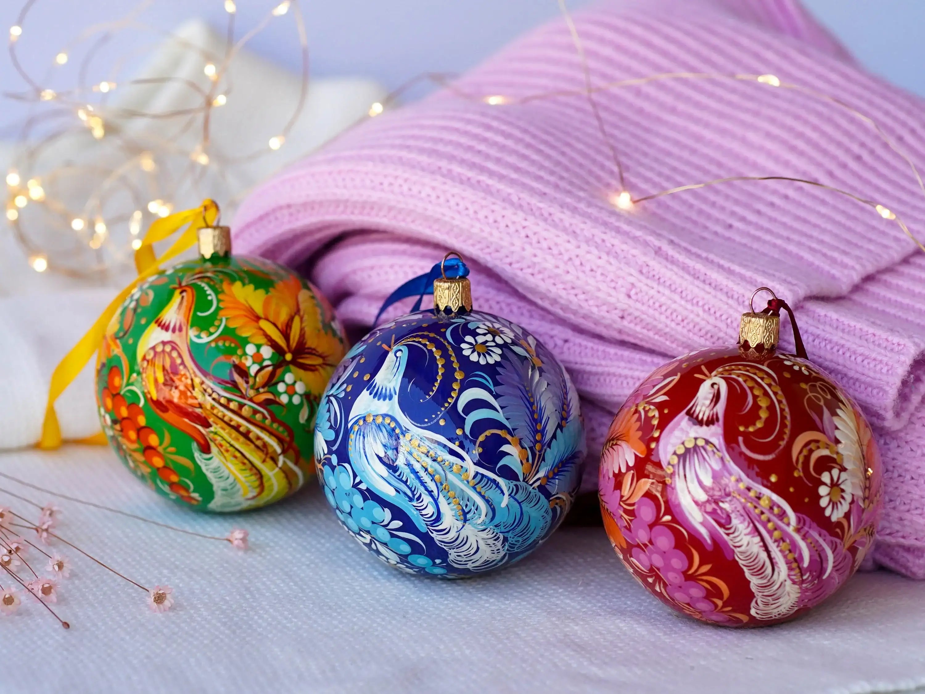 Painted Set of 3 Fairy Bird Christmas Ornament Balls 3.14 in - Artisanal Christmas Tree Decorations, Petrykivka Art