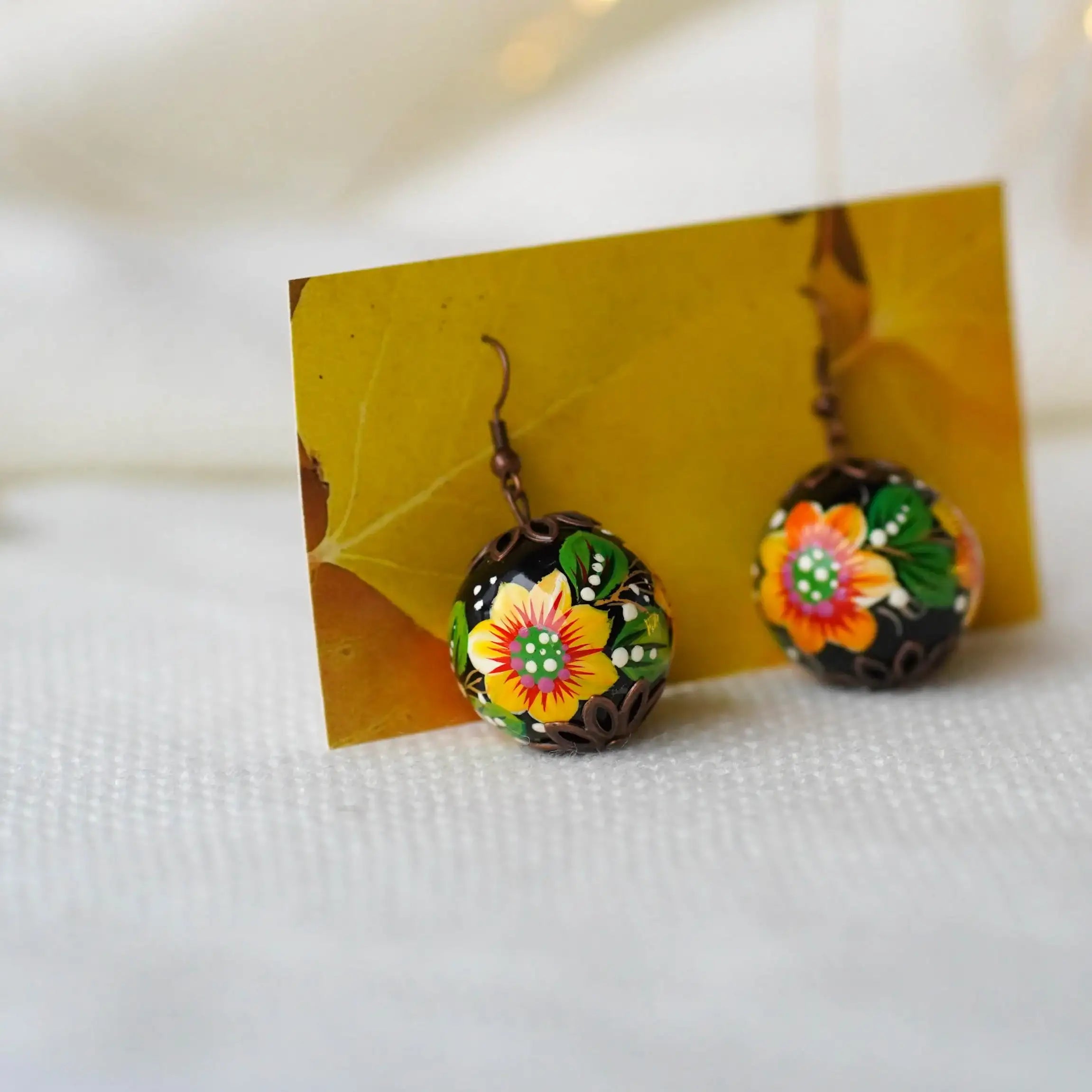 Lightweight Hand-painted Sunflower Earrings - Wooden Dangle Earrings
