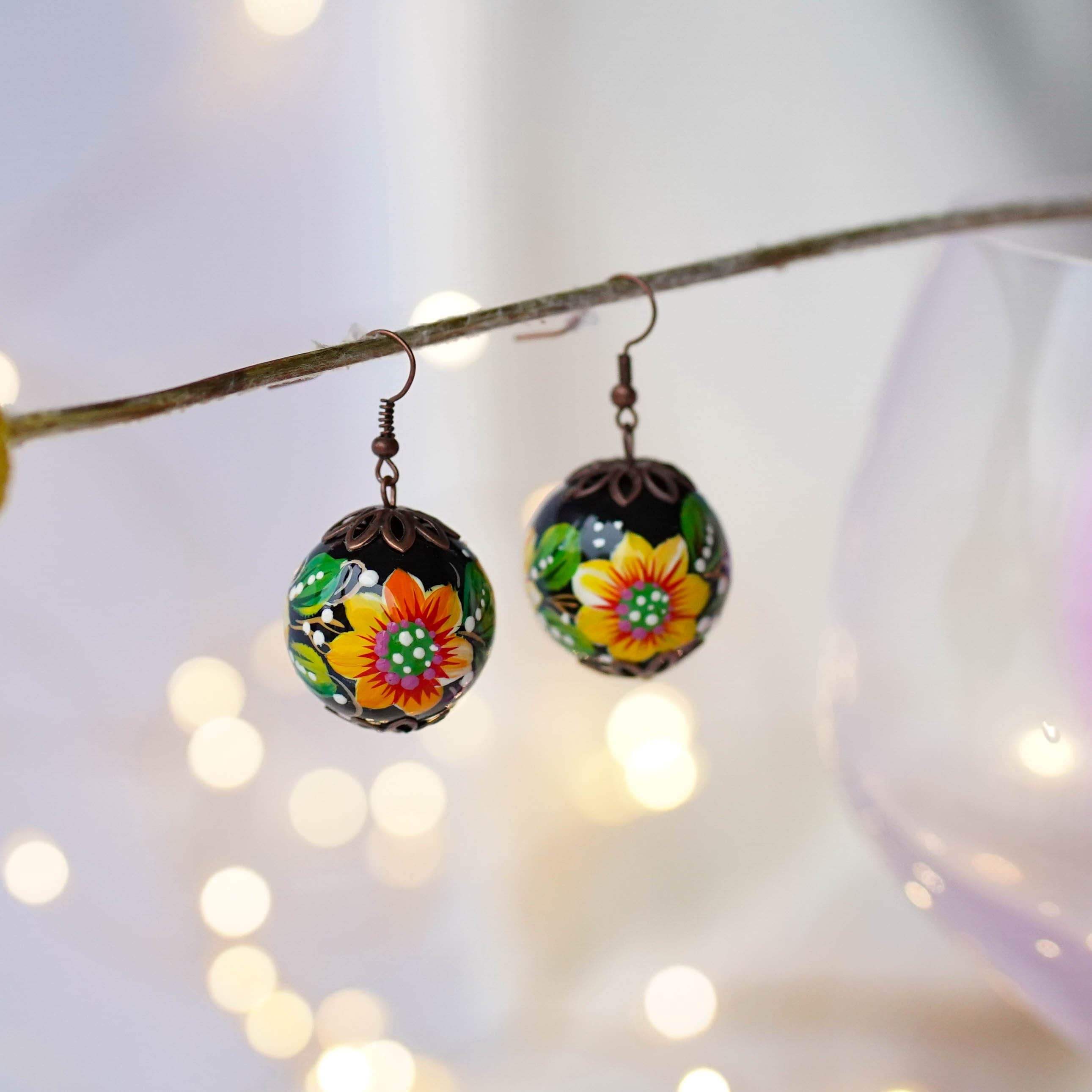 Lightweight Hand-painted Sunflower Earrings - Wooden Dangle Earrings