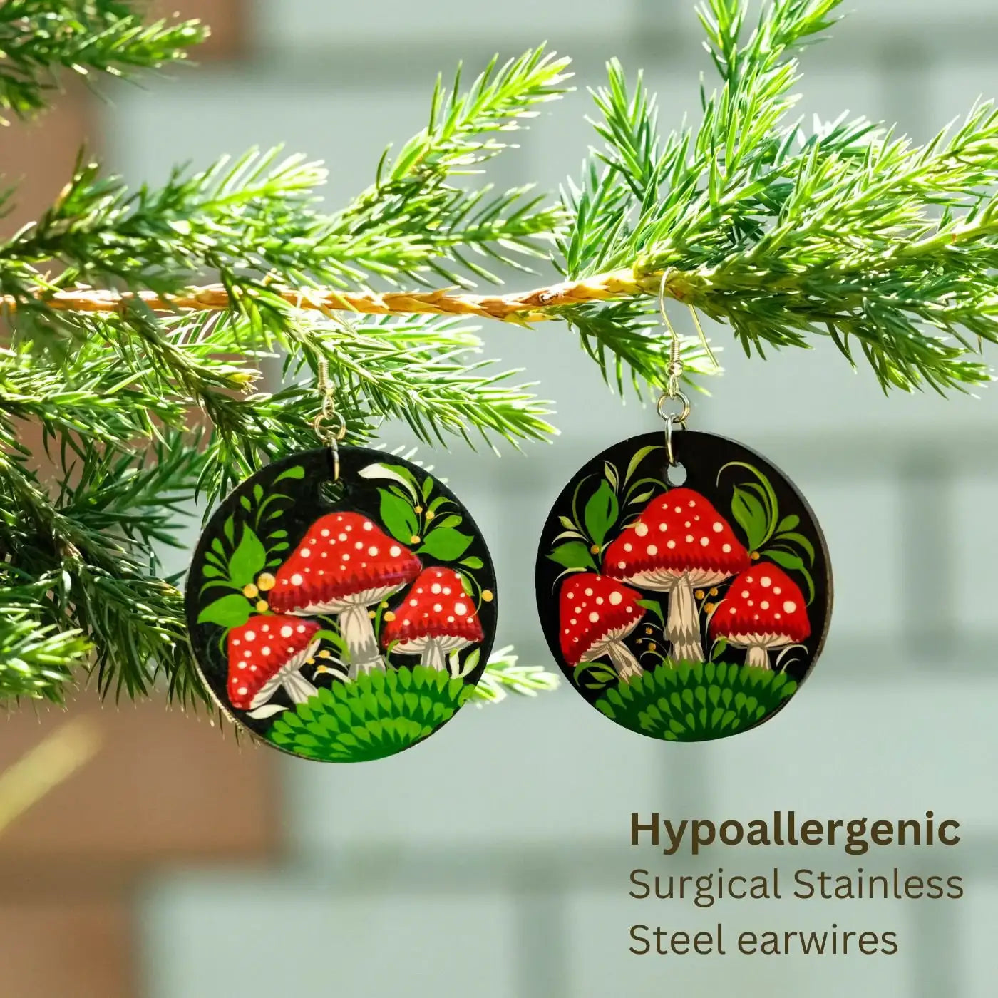 Painted Hypoallergenic Wooden Dangle Drop Mushroom Earrings - Artisanal Large Circle Statement Earrings