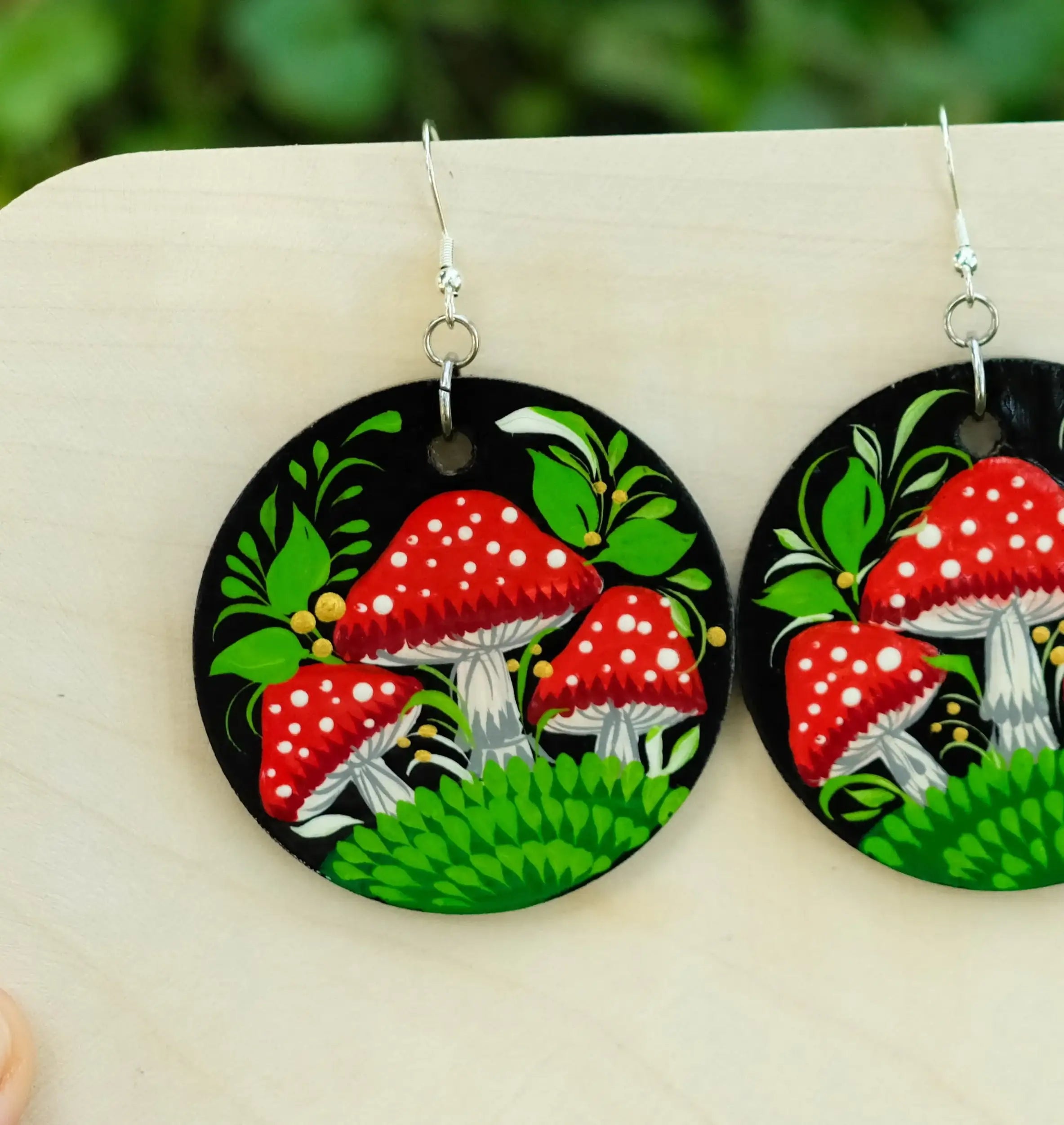 Painted Hypoallergenic Wooden Dangle Drop Mushroom Earrings - Artisanal Large Circle Statement Earrings
