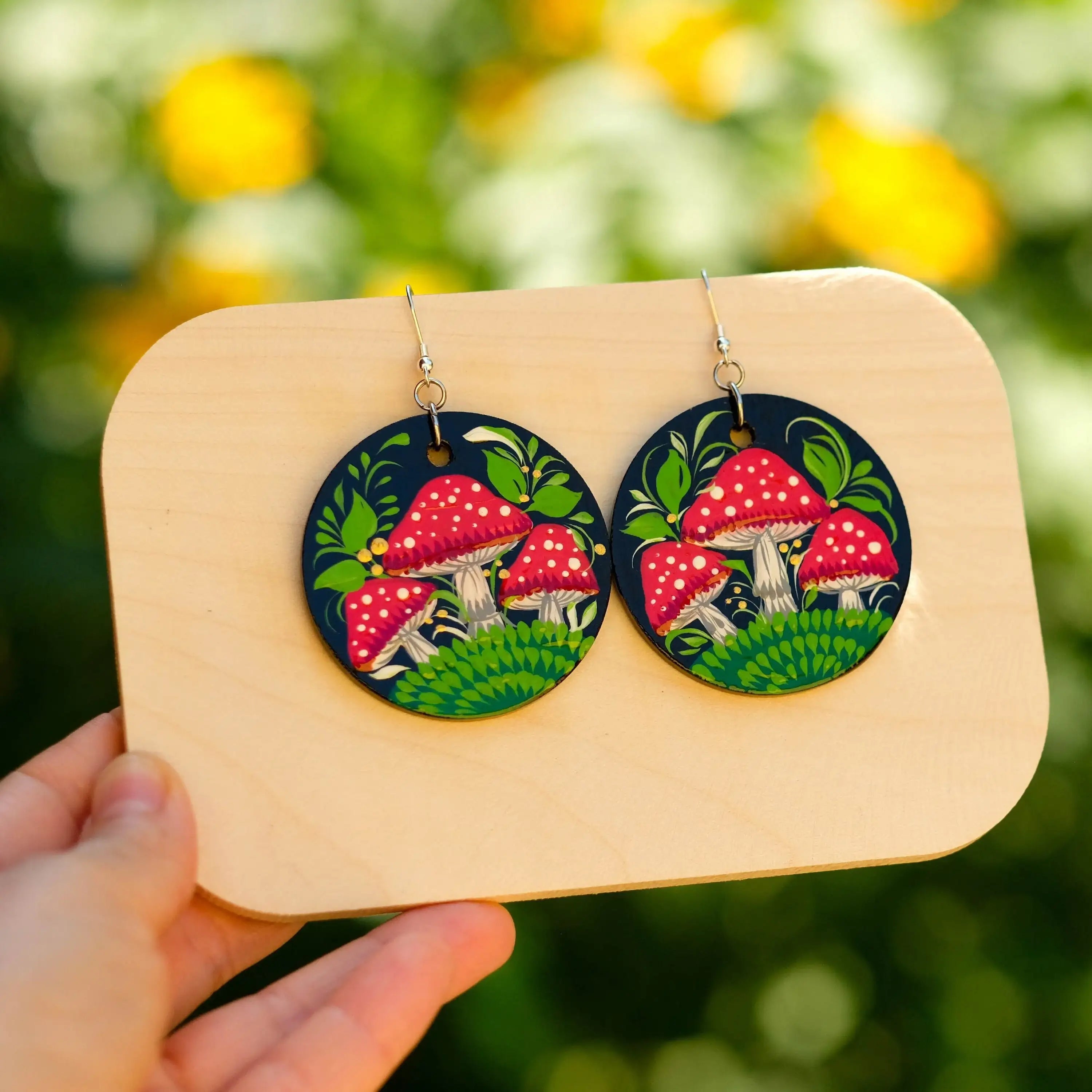 Painted Hypoallergenic Wooden Dangle Drop Mushroom Earrings - Artisanal Large Circle Statement Earrings