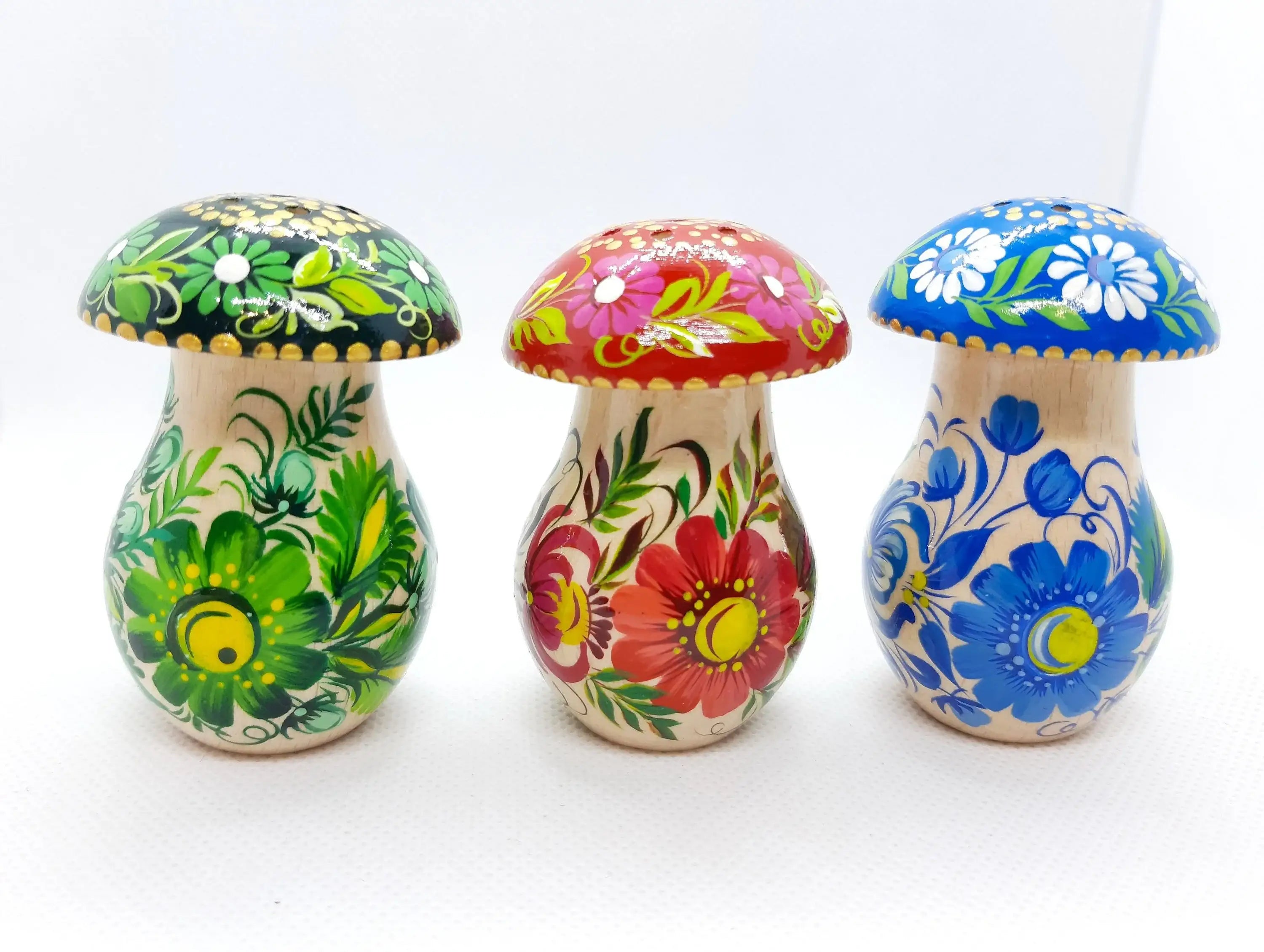 Wooden Salt and Pepper Shaker - Artisanal Painted Mushroom-shaped Shaker, Petrykivka Art