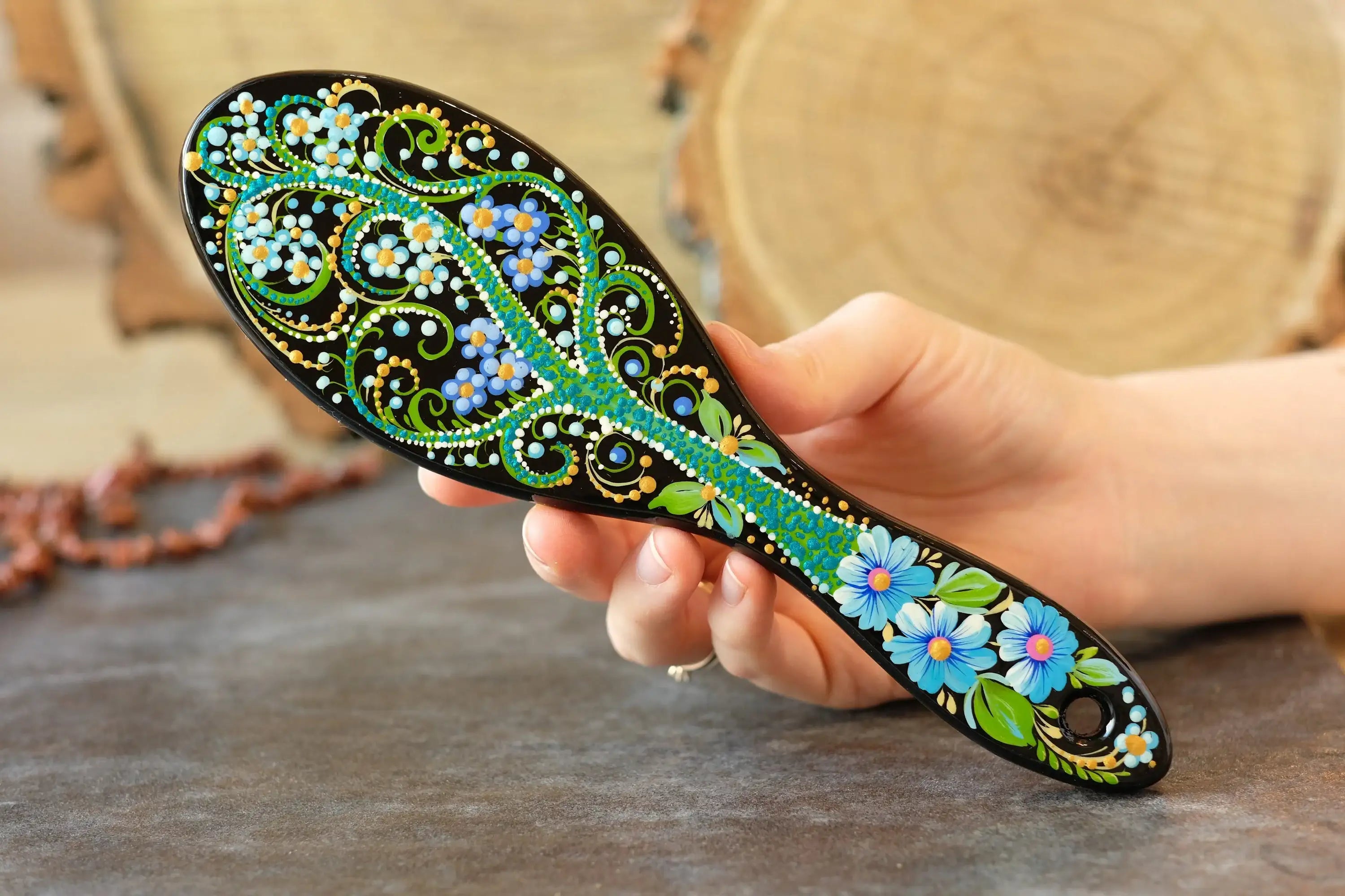 Painted Wooden Tree of Life Massage Hairbrush - Norse Mythology Emerald Green Paddle Hairbrush with Wooden Bristles