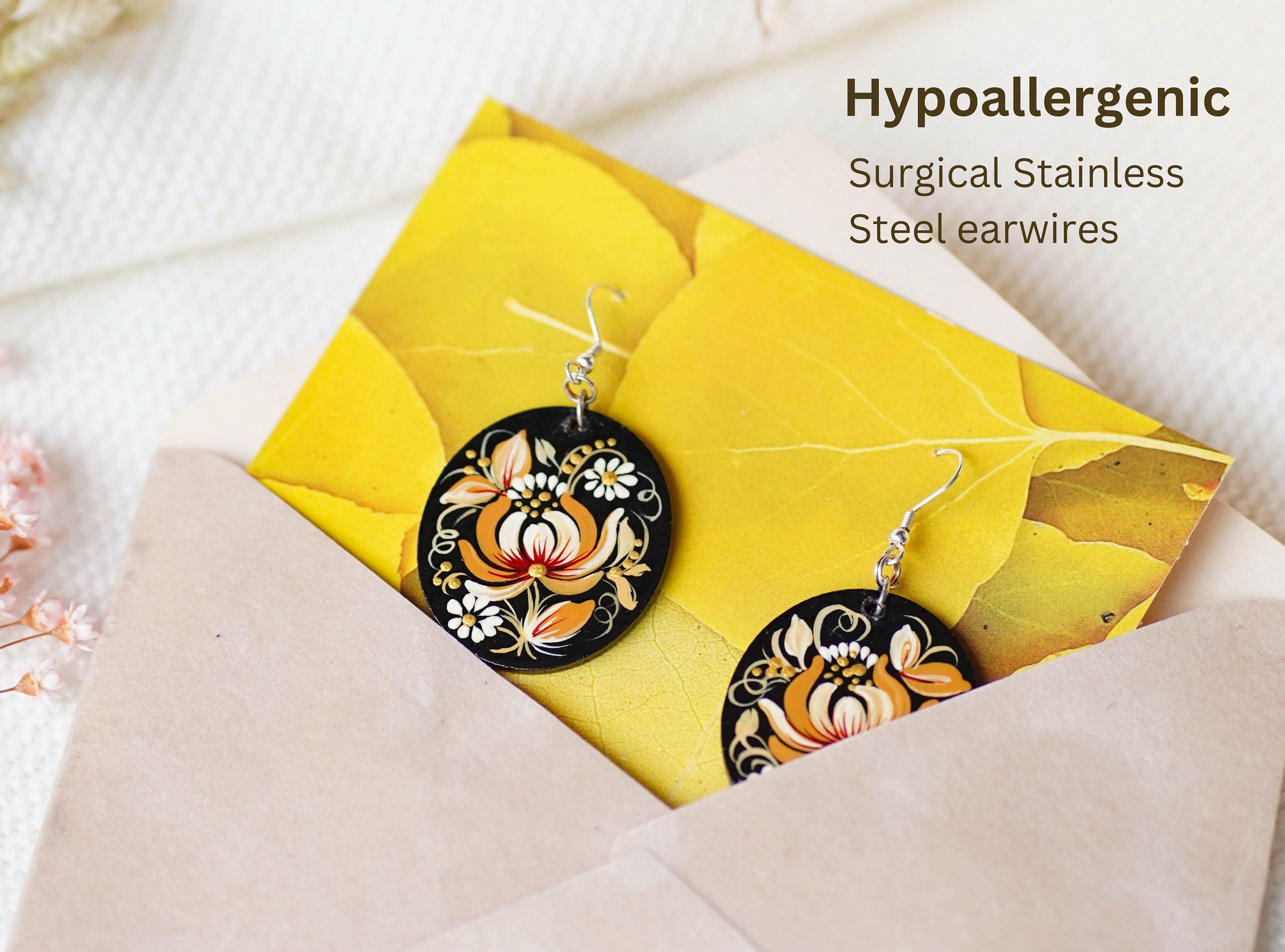 Hypoallergenic Wooden Painted Earrings - Artisanal Dangle Drop Beige Flower Oval Statement Earrings