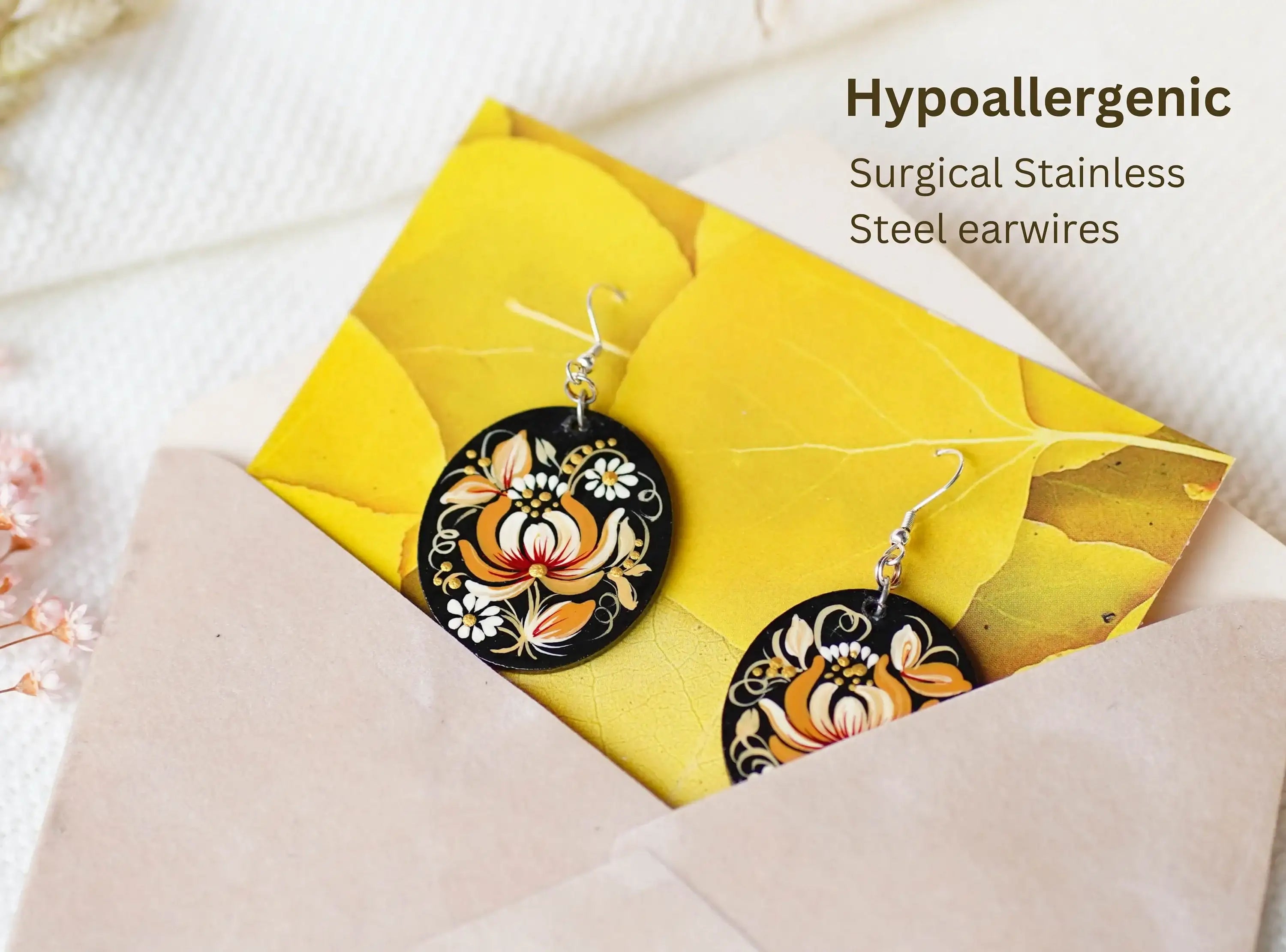 Hypoallergenic Wooden Painted Earrings - Artisanal Dangle Drop Beige Flower Oval Statement Earrings