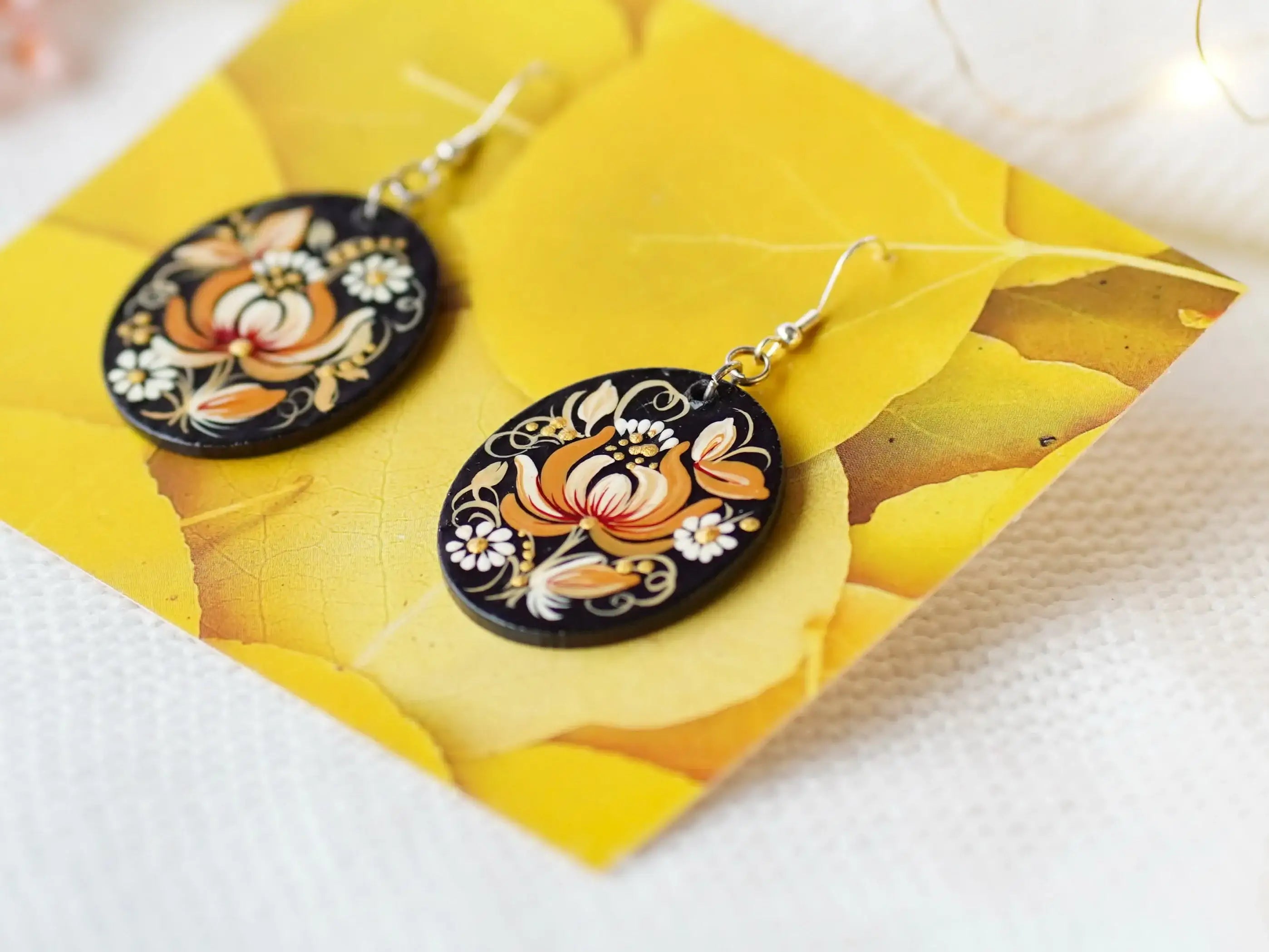 Hypoallergenic Wooden Painted Earrings - Artisanal Dangle Drop Beige Flower Oval Statement Earrings