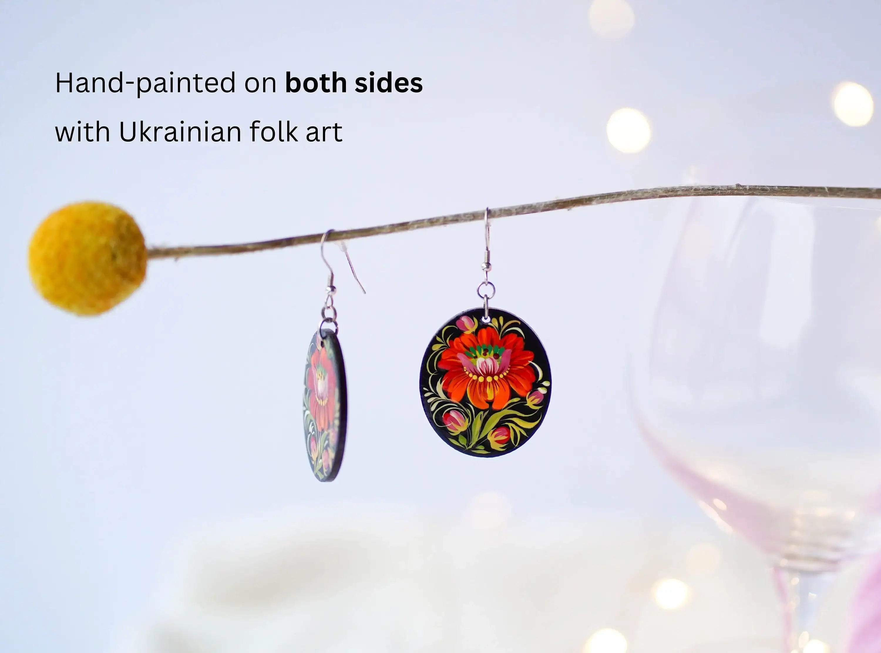 Hypoallergenic Painted Wooden Dangle Drop Earrings - Oval Orange Flower Earrings, Petrykivka Art
