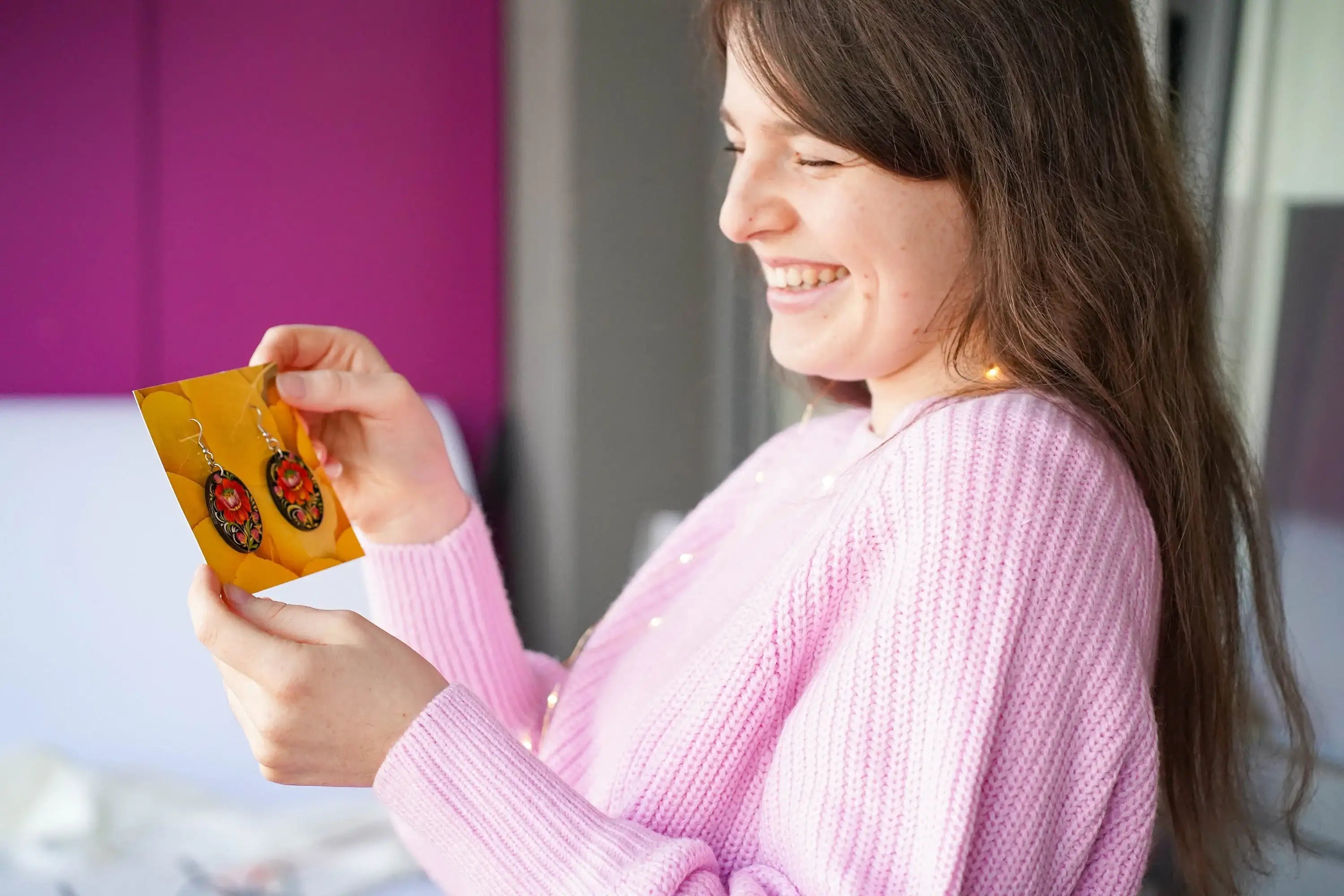 Hypoallergenic Painted Wooden Dangle Drop Earrings - Oval Orange Flower Earrings, Petrykivka Art