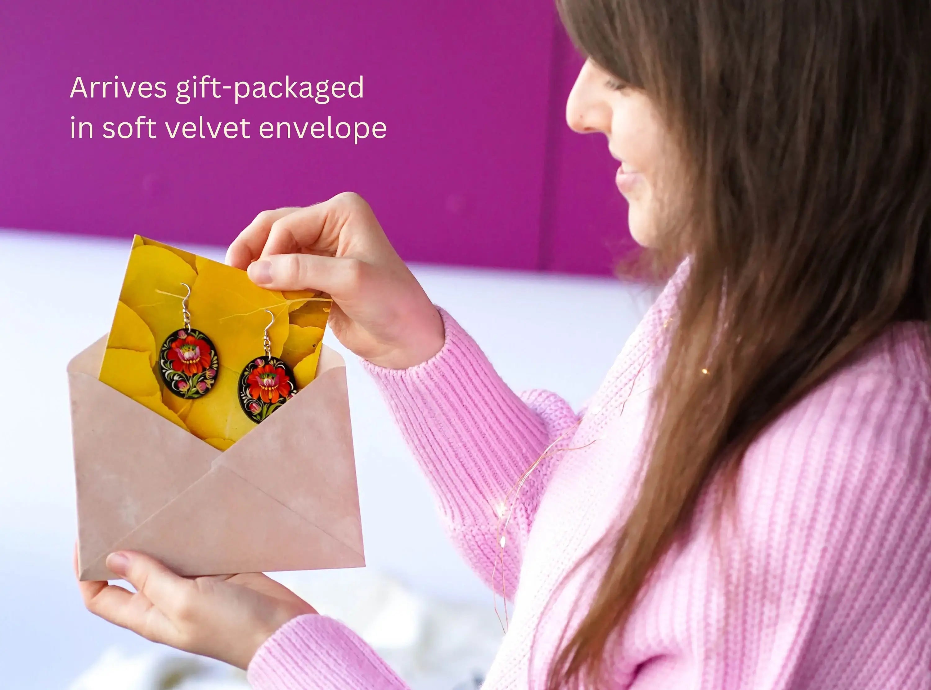 Hypoallergenic Painted Wooden Dangle Drop Earrings - Oval Orange Flower Earrings, Petrykivka Art