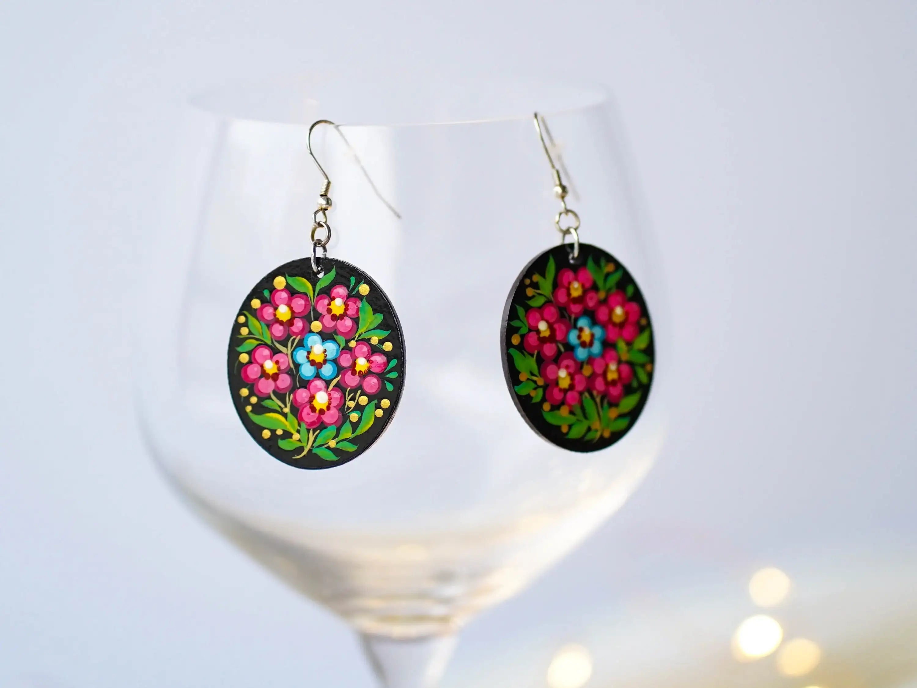 Hypoallergenic Painted Cherry Blossom Wooden Dangle Earrings - Cherry Blossom Oval Statement Earrings