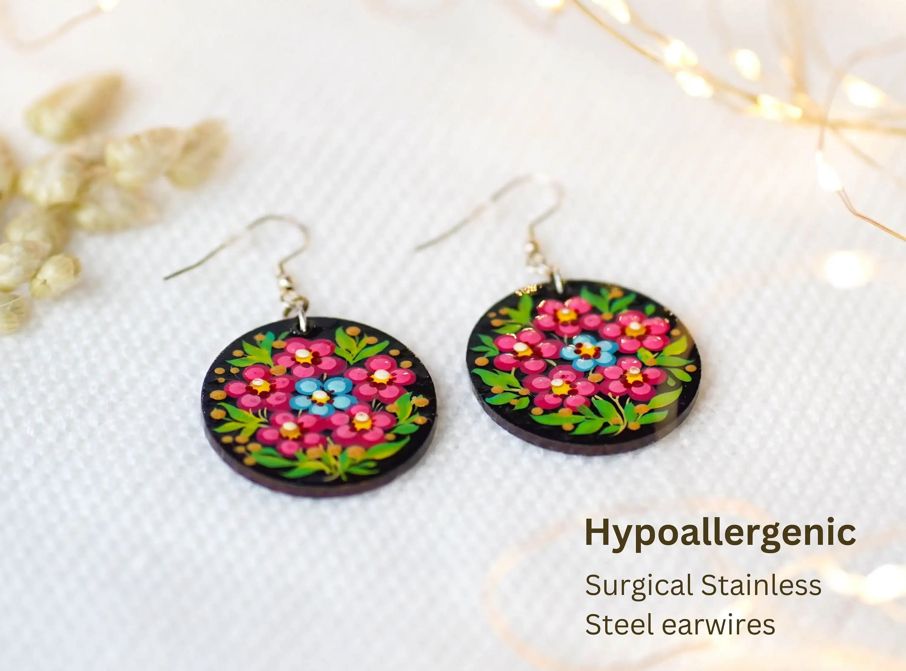 Hypoallergenic Painted Cherry Blossom Wooden Dangle Earrings - Cherry Blossom Oval Statement Earrings