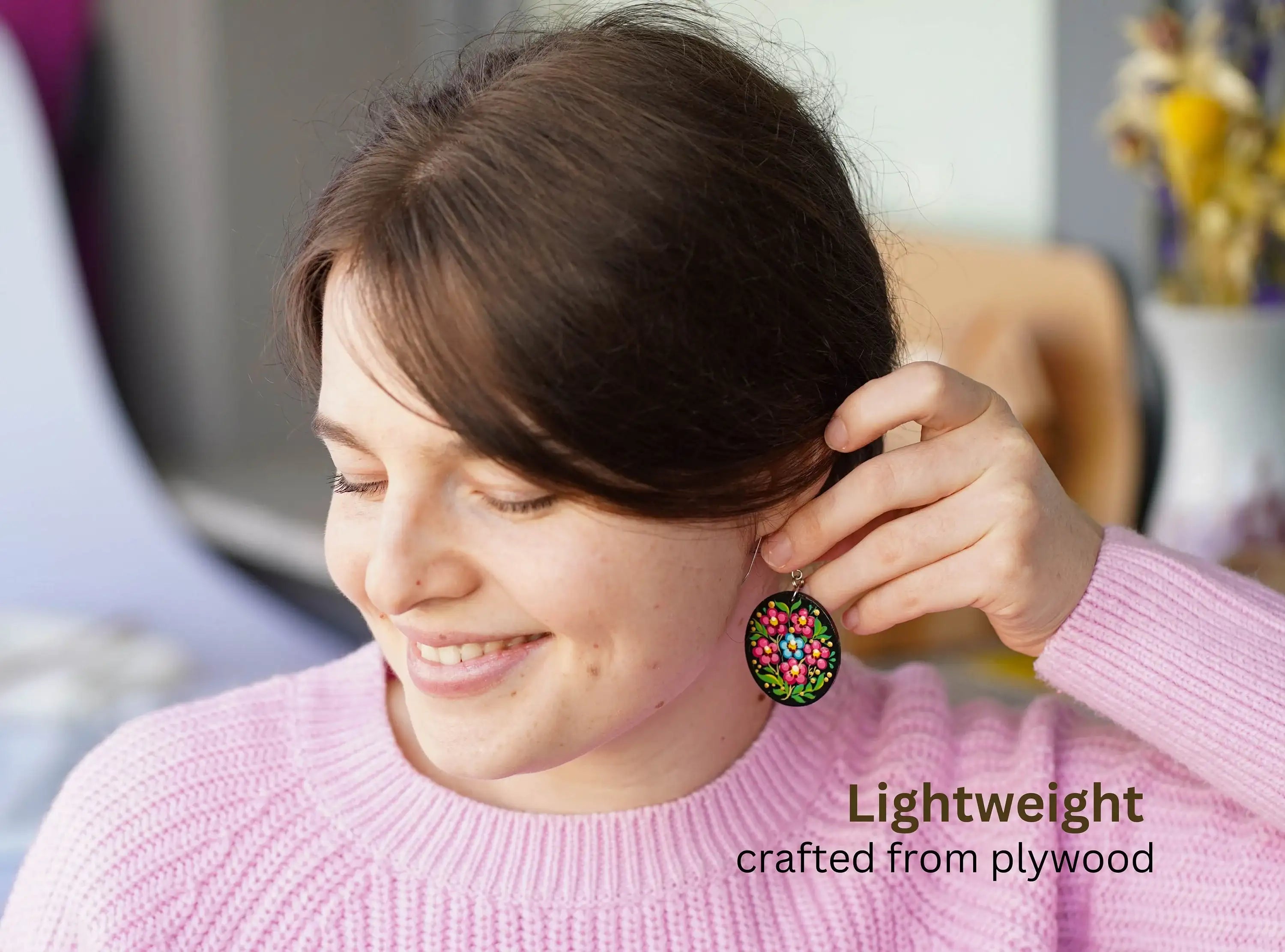 Hypoallergenic Painted Cherry Blossom Wooden Dangle Earrings - Cherry Blossom Oval Statement Earrings