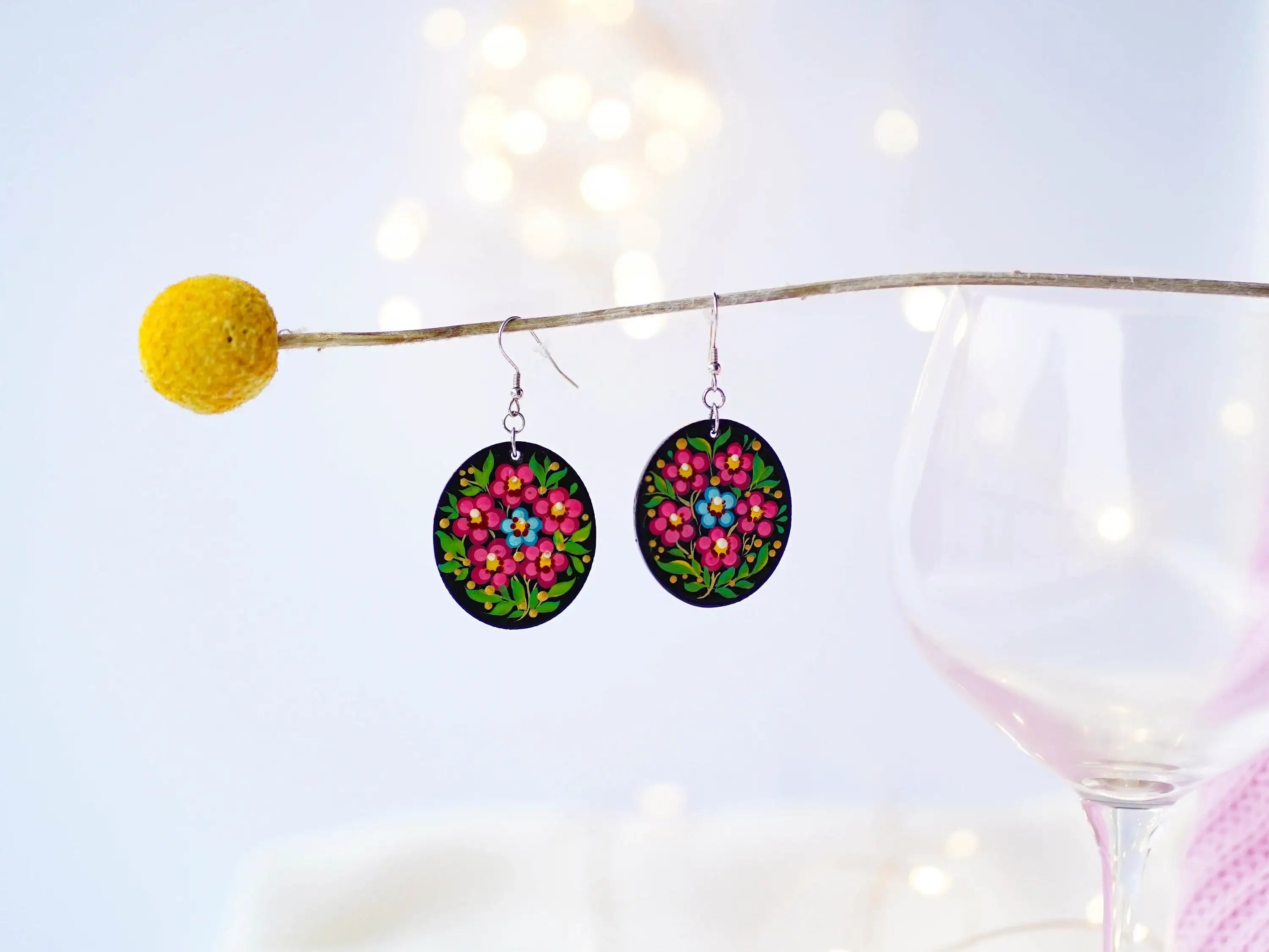 Hypoallergenic Painted Cherry Blossom Wooden Dangle Earrings - Cherry Blossom Oval Statement Earrings