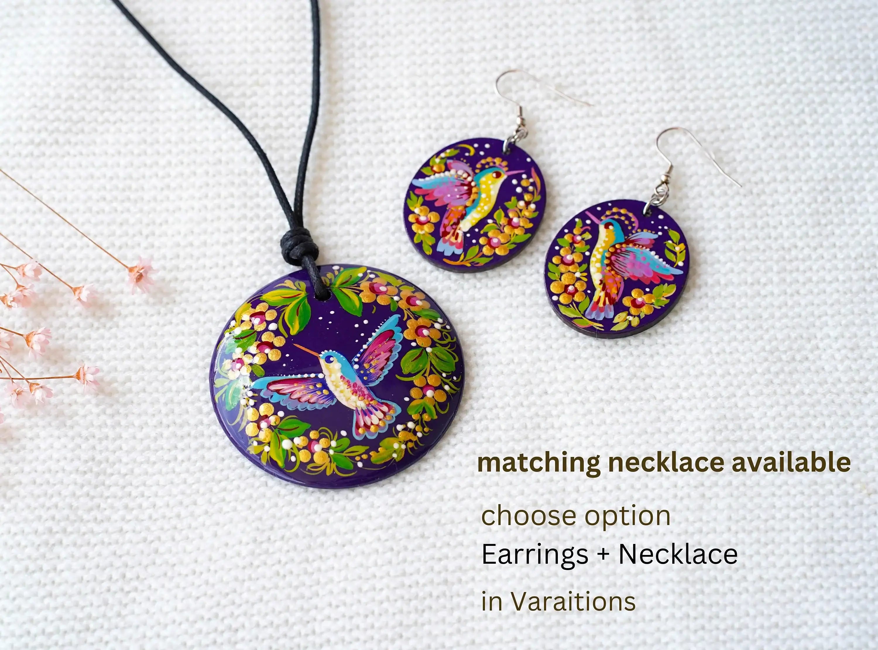 Hypoallergenic Wooden Painted Hummingbird Earrings - Artisanal Dangle Drop Purple Oval Statement Earrings