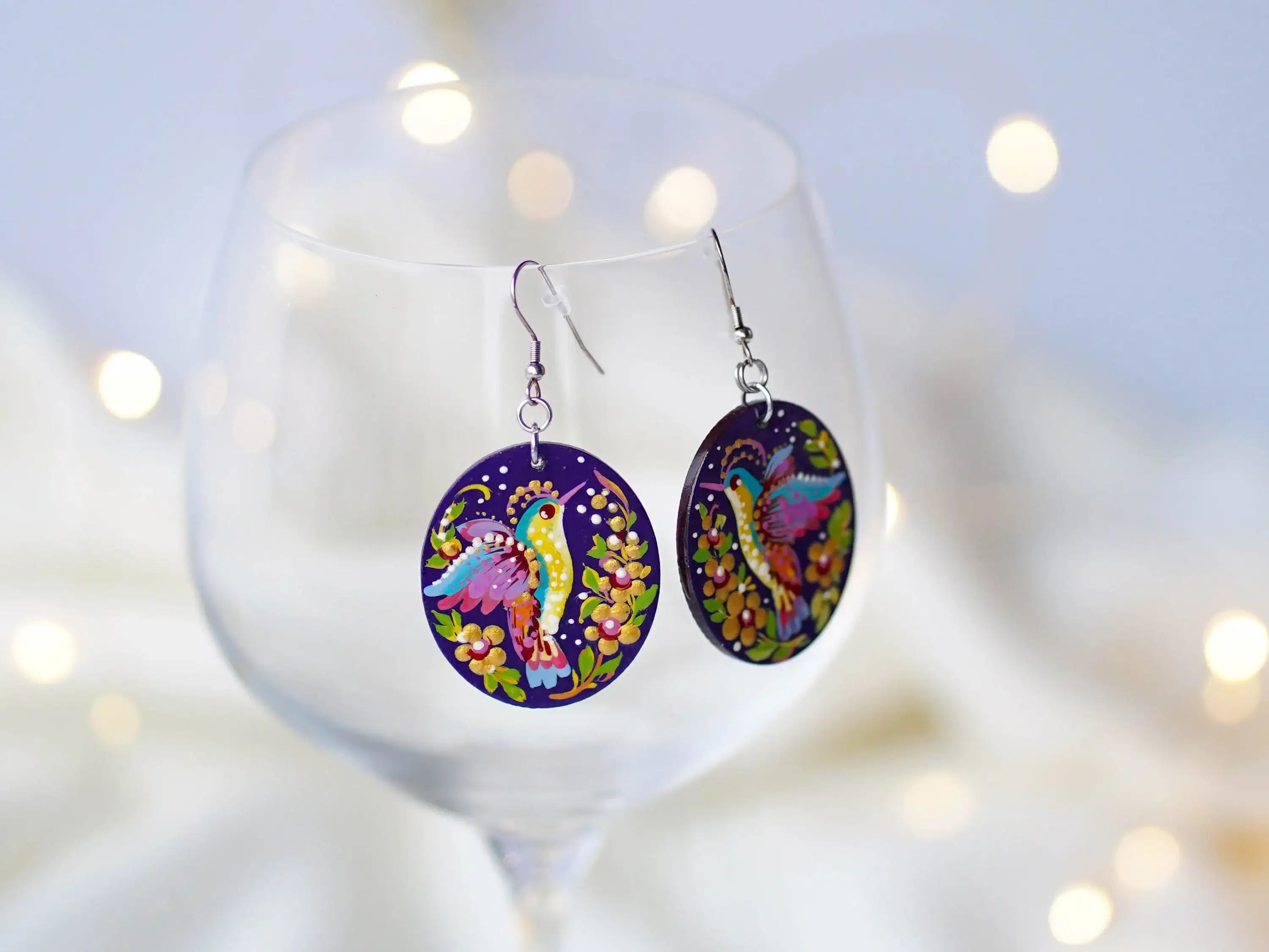 Hypoallergenic Wooden Painted Hummingbird Earrings - Artisanal Dangle Drop Purple Oval Statement Earrings