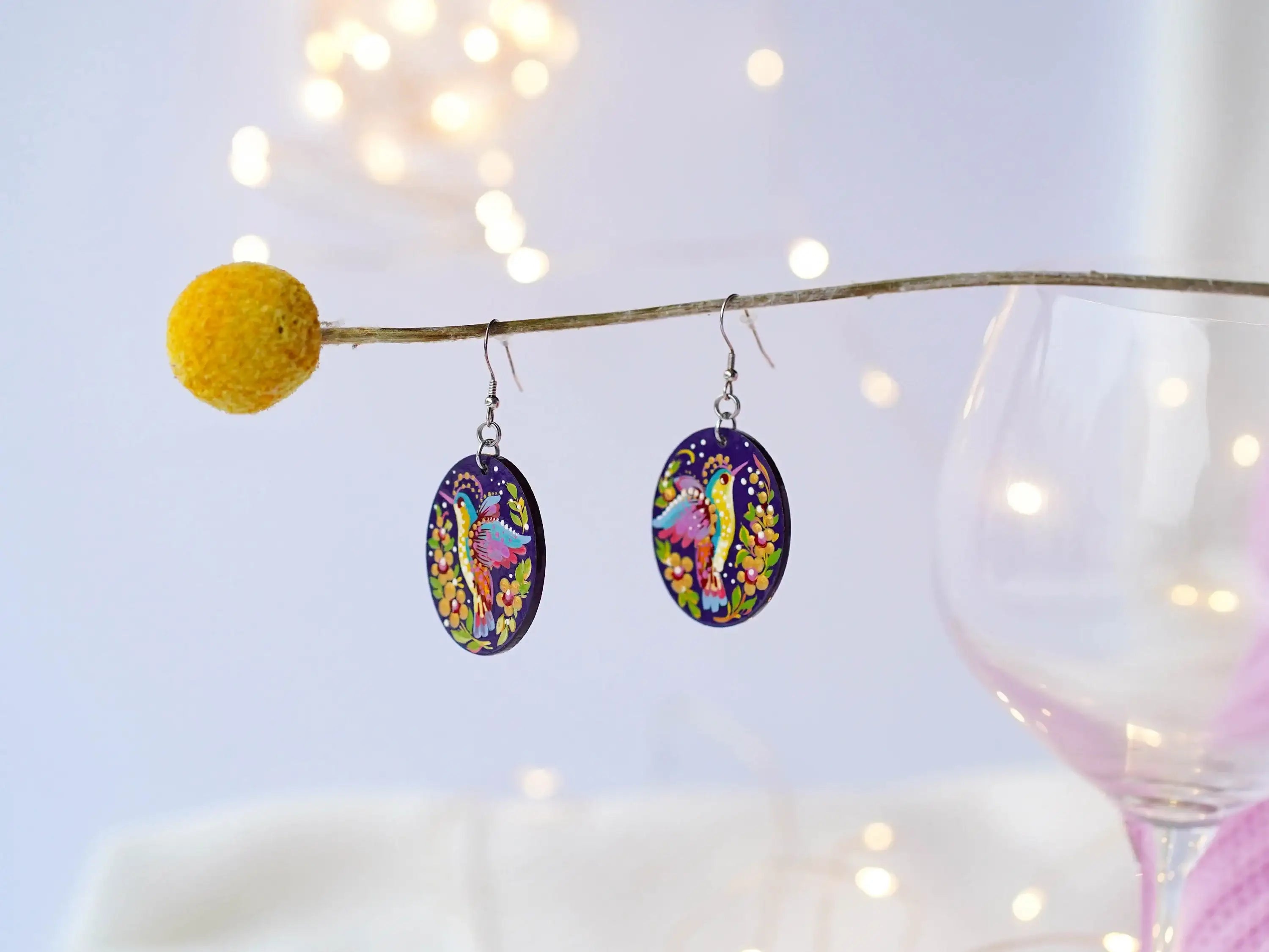 Hypoallergenic Wooden Painted Hummingbird Earrings - Artisanal Dangle Drop Purple Oval Statement Earrings