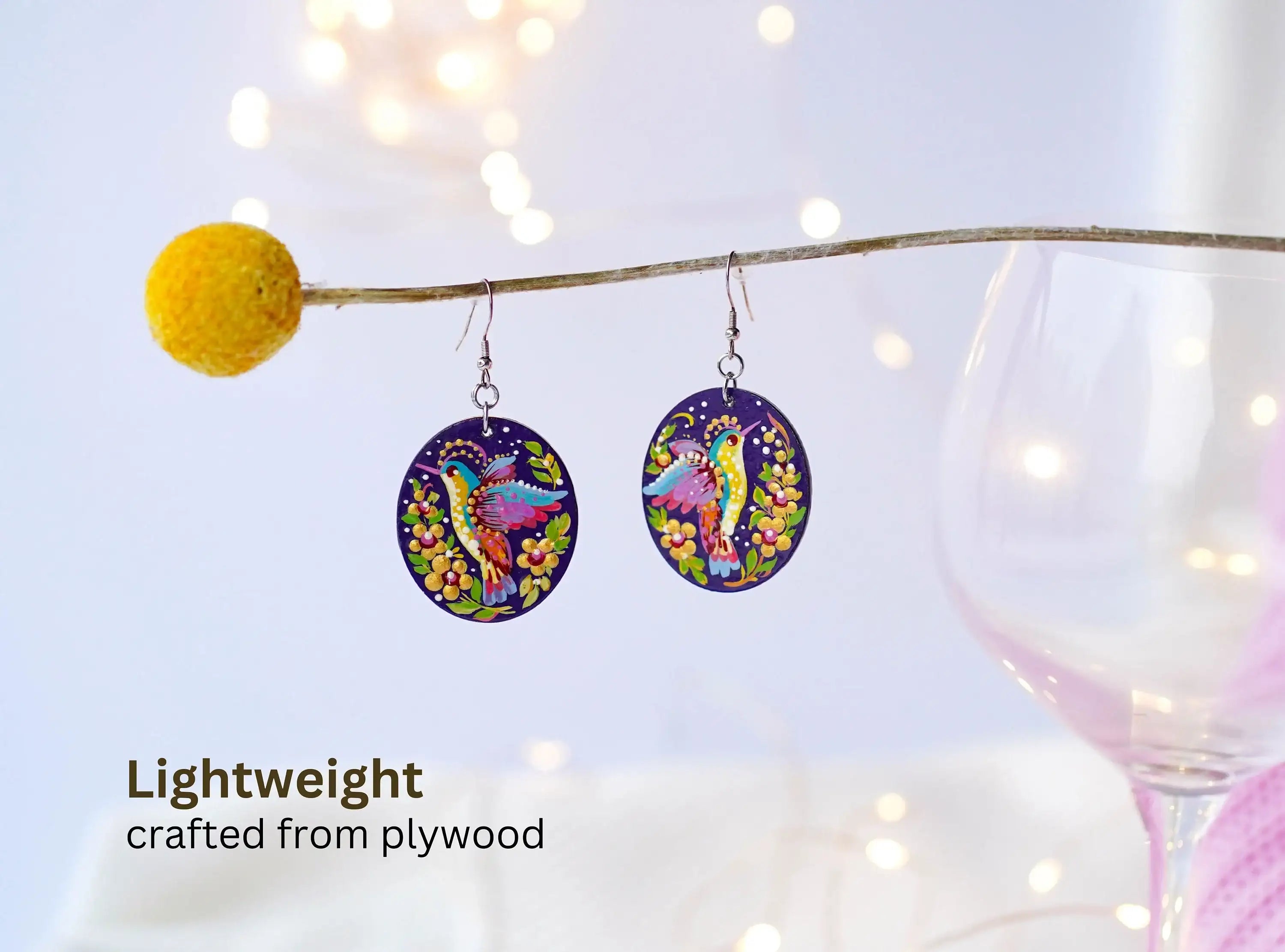 Hypoallergenic Wooden Painted Hummingbird Earrings - Artisanal Dangle Drop Purple Oval Statement Earrings