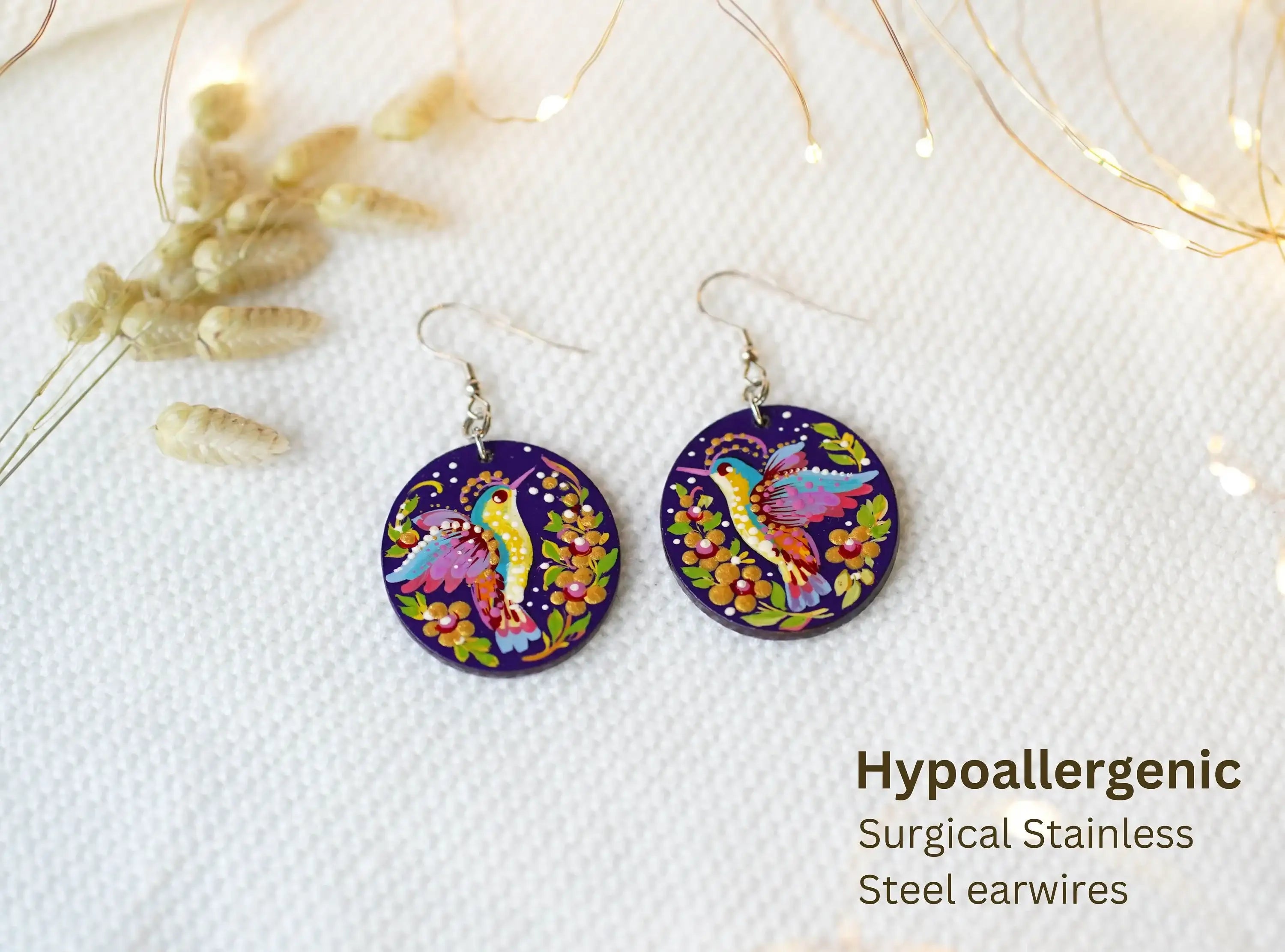 Hypoallergenic Wooden Painted Hummingbird Earrings - Artisanal Dangle Drop Purple Oval Statement Earrings