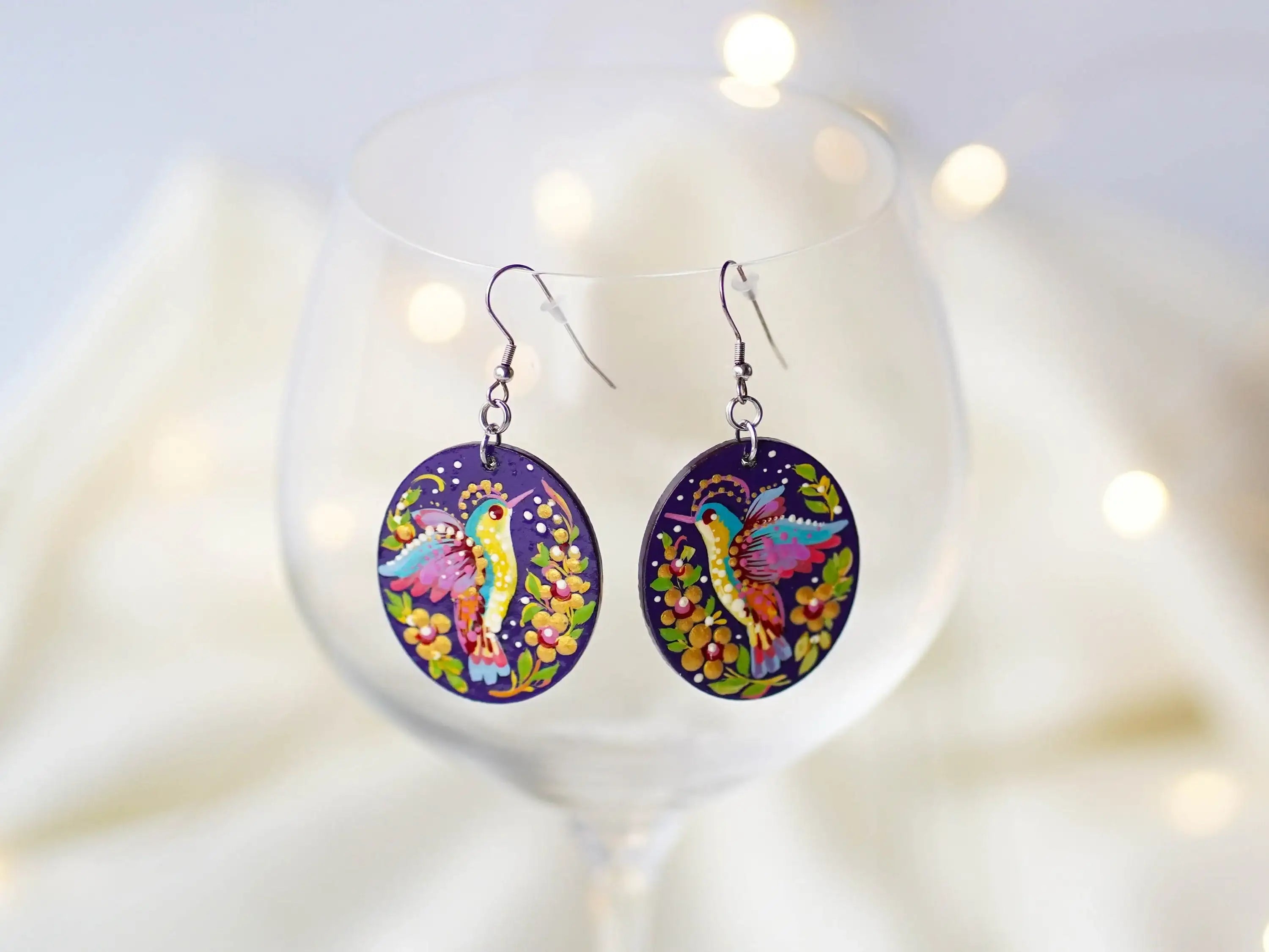 Hypoallergenic Wooden Painted Hummingbird Earrings - Artisanal Dangle Drop Purple Oval Statement Earrings
