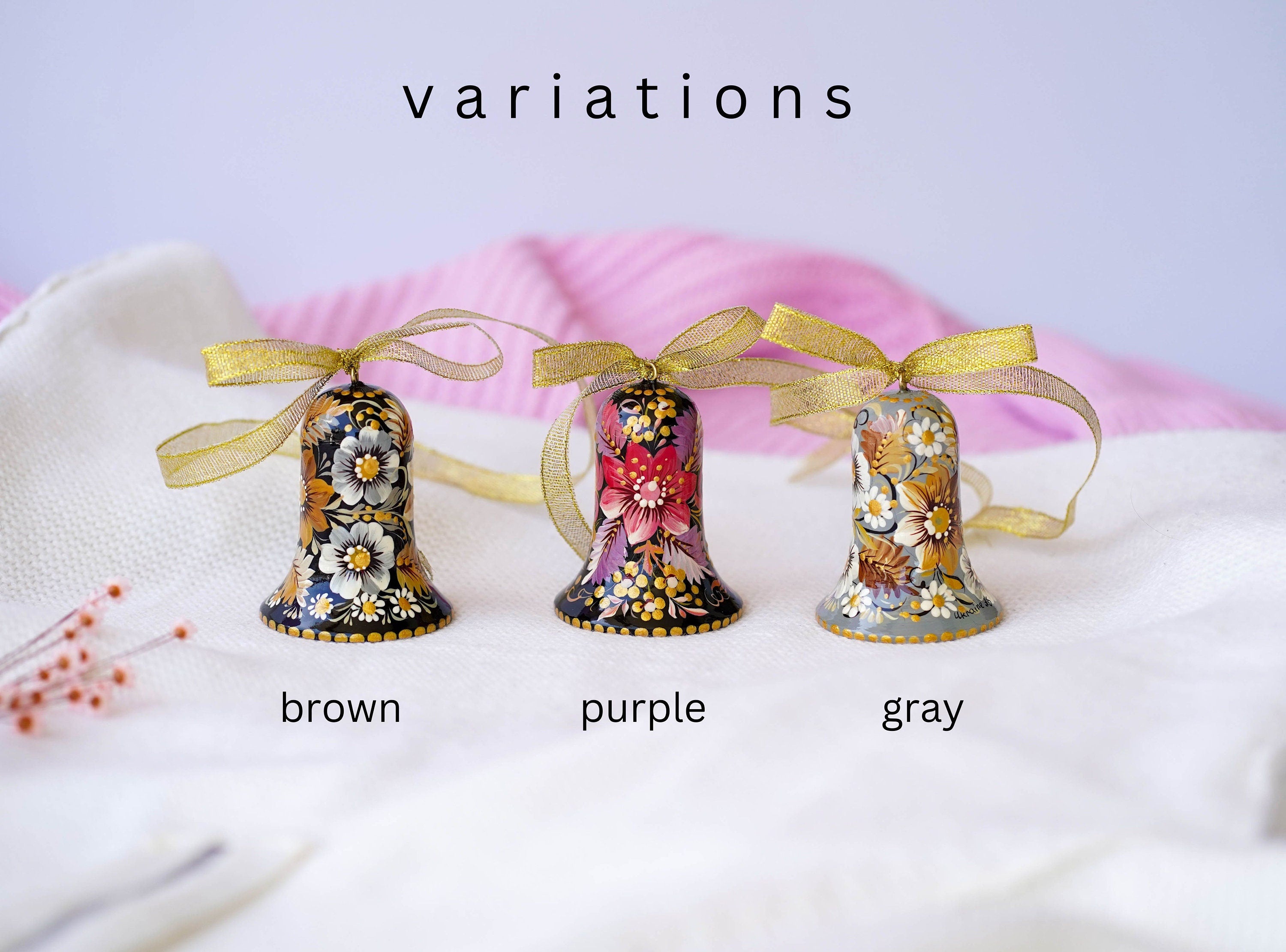 Painted Wooden Bell Christmas Ornament - Purple Flower Handmade Christmas Tree Decoration, Petrykivka Ar