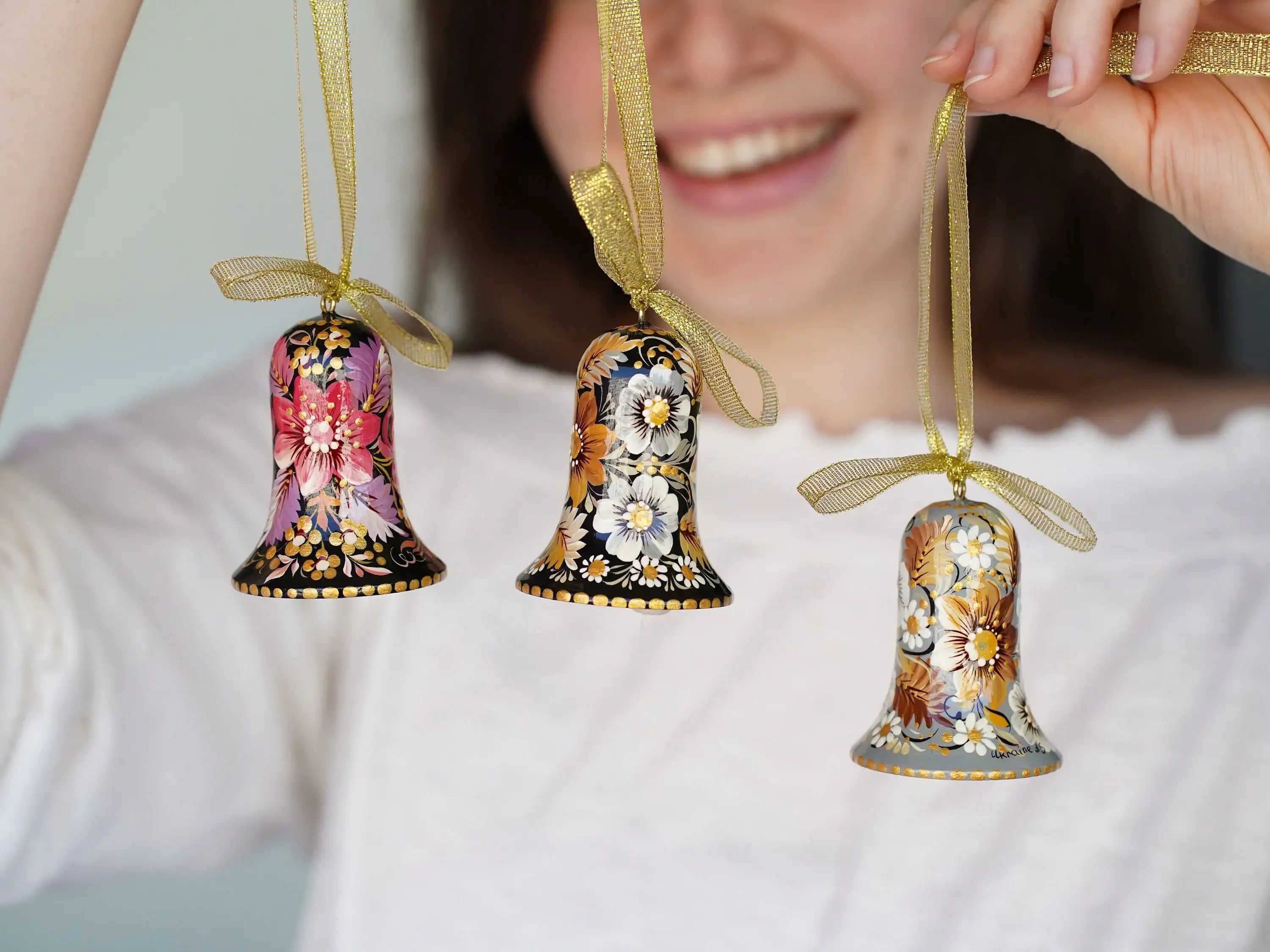Painted Wooden Set of 3 Personalized Christmas Bell Ornaments - Handmade Petrykivka Art