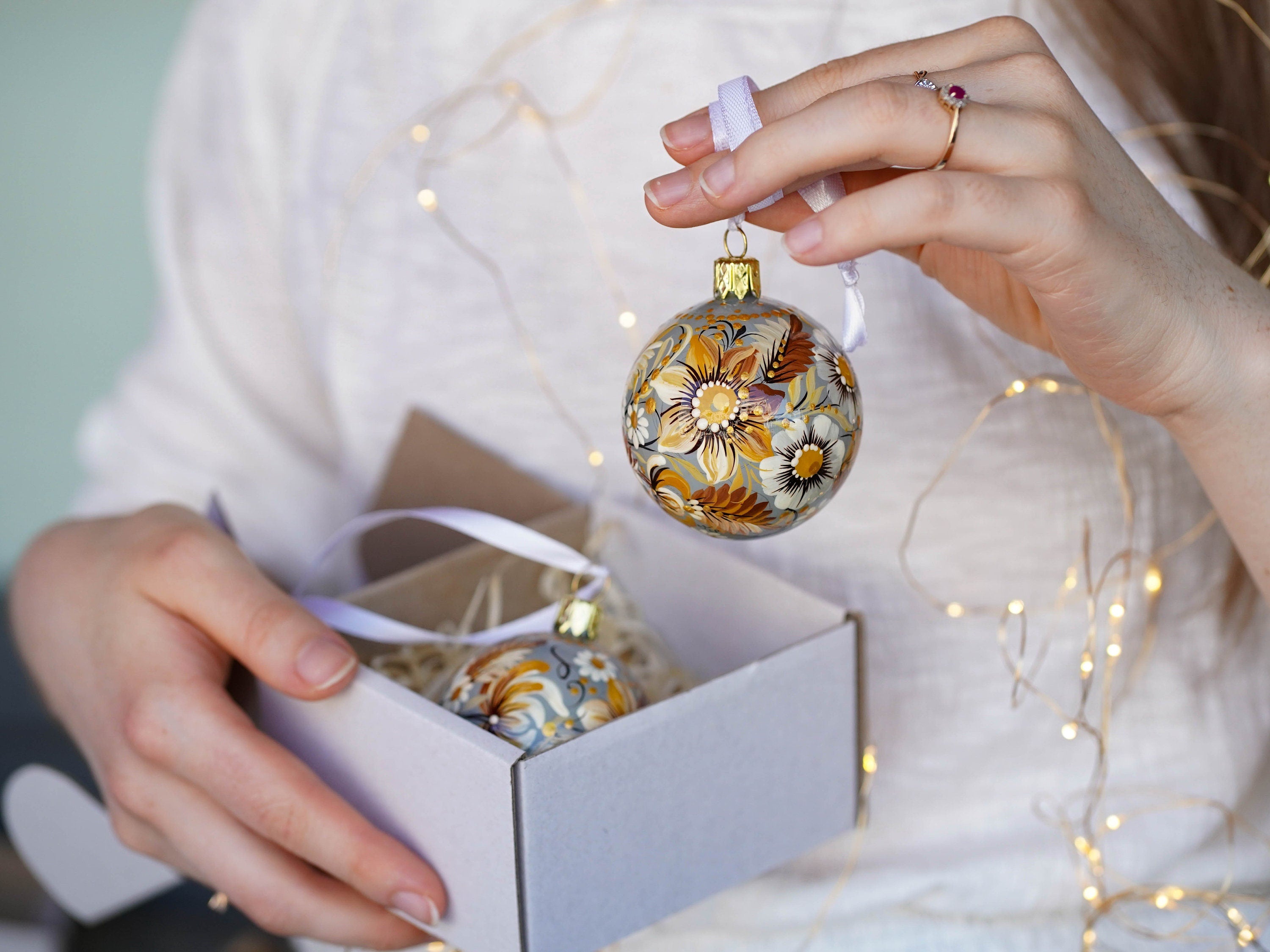 Set of 2Hhand-painted Christmas ornaments, Gift-wrapped