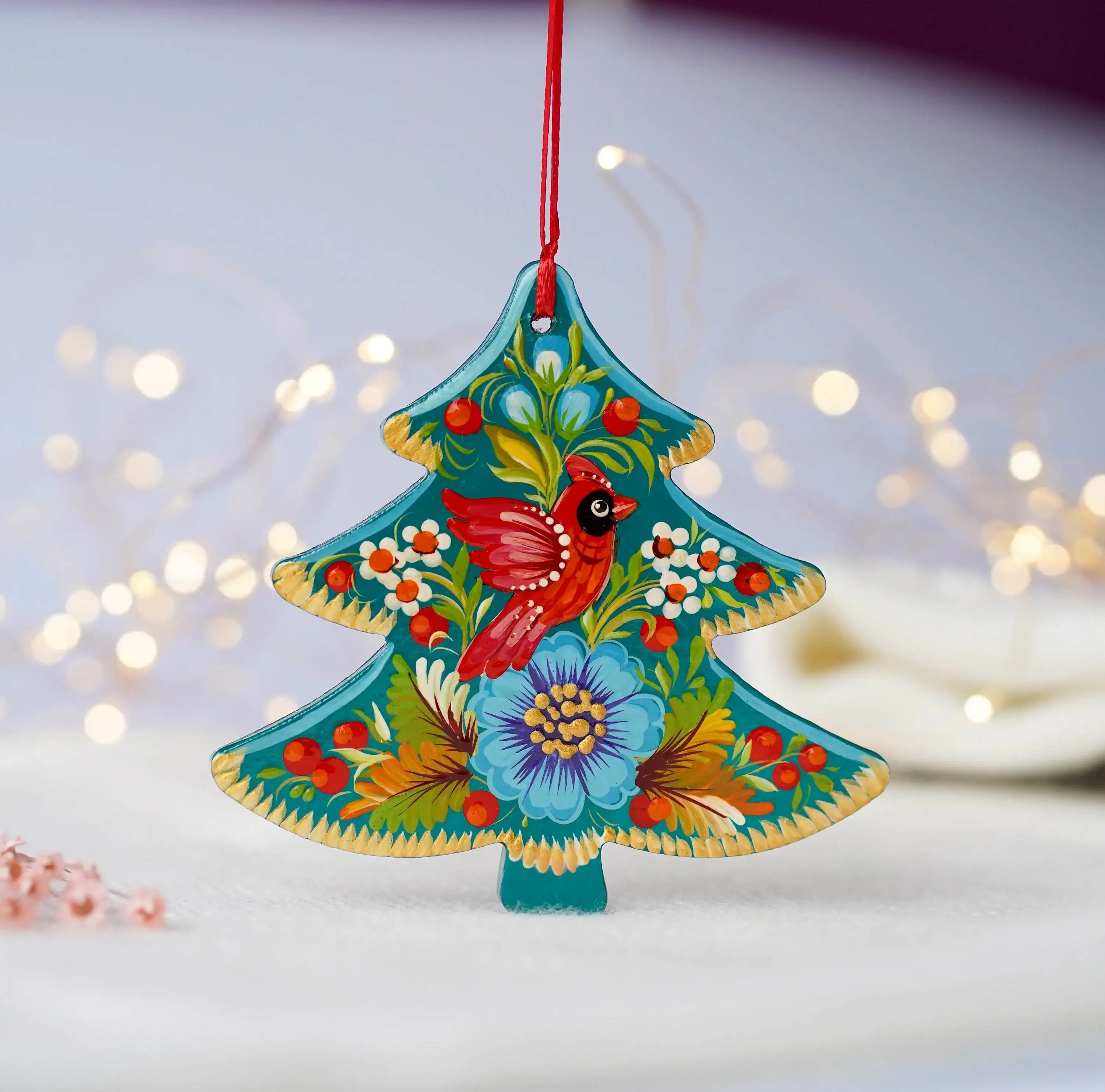 Hand-painted Wooden Red Cardinal Christmas Tree Ornament - Artisanal Christmas Tree Decoration, Petrykivka Art