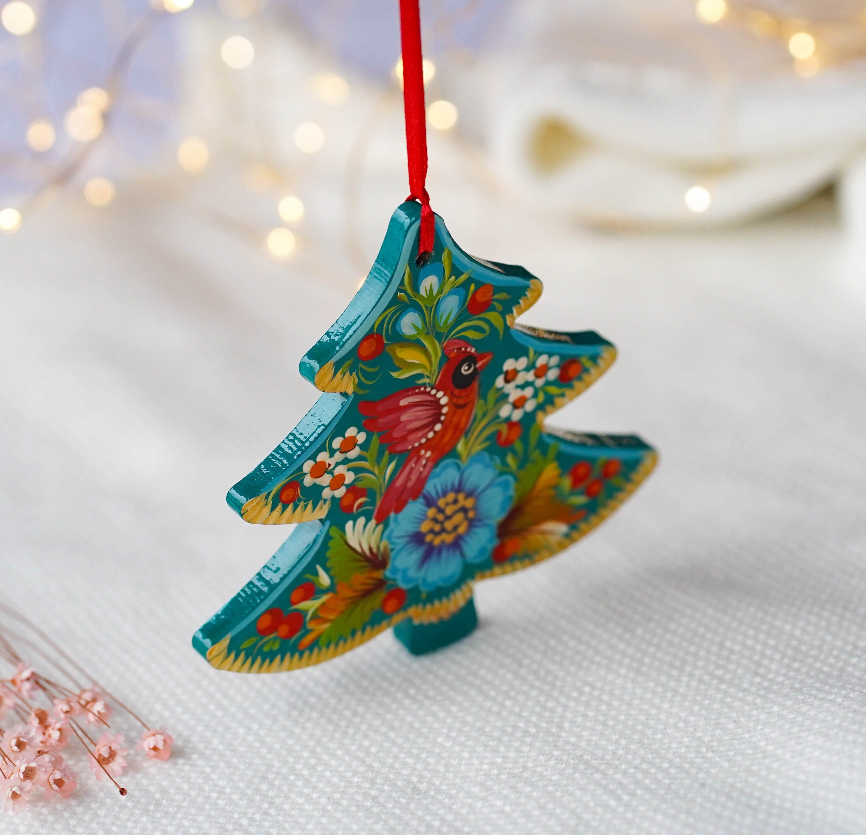 Hand-painted Wooden Red Cardinal Christmas Tree Ornament - Artisanal Christmas Tree Decoration, Petrykivka Art