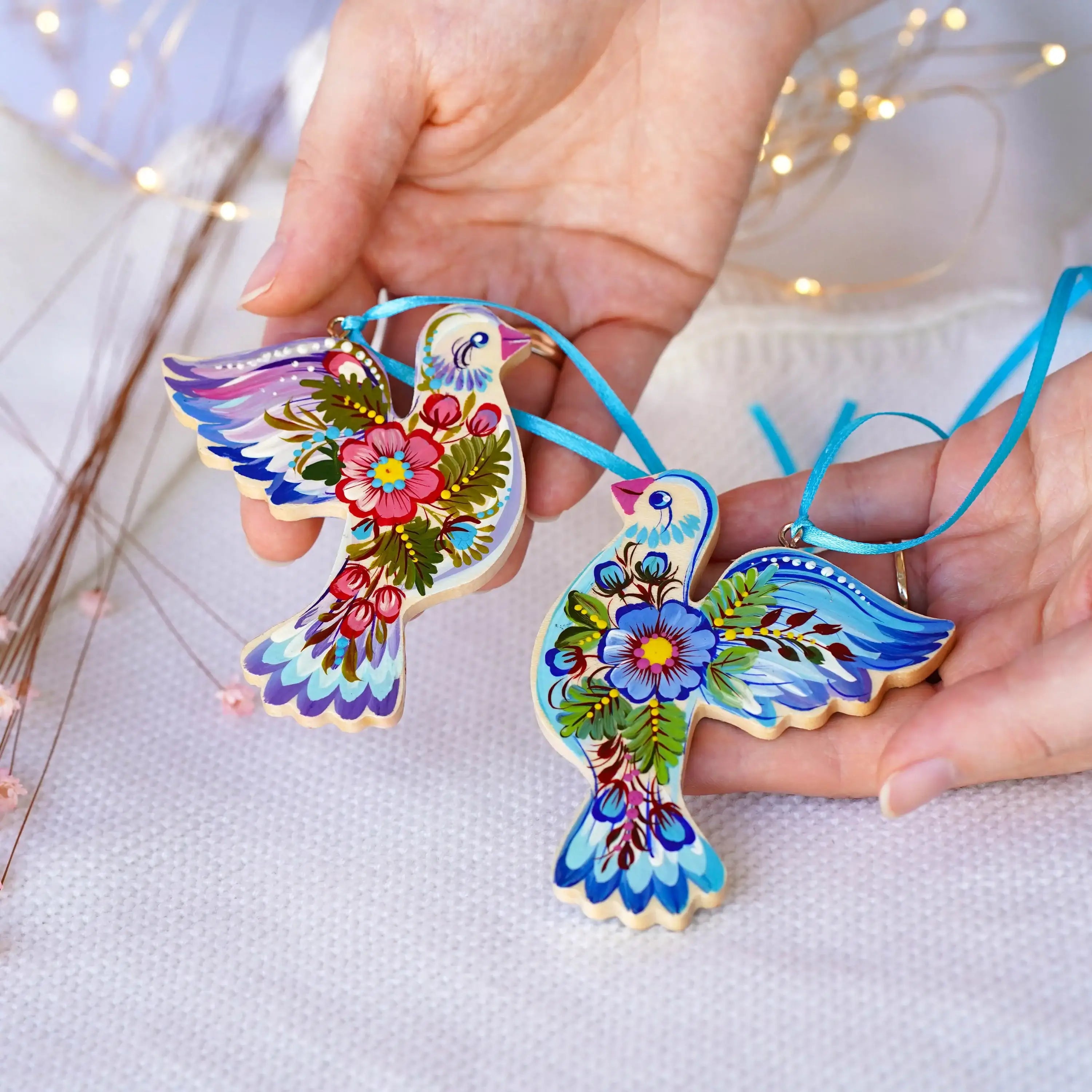 Set of 2 Painted Wooden Blue Dove Ornaments, Petrykivka Art