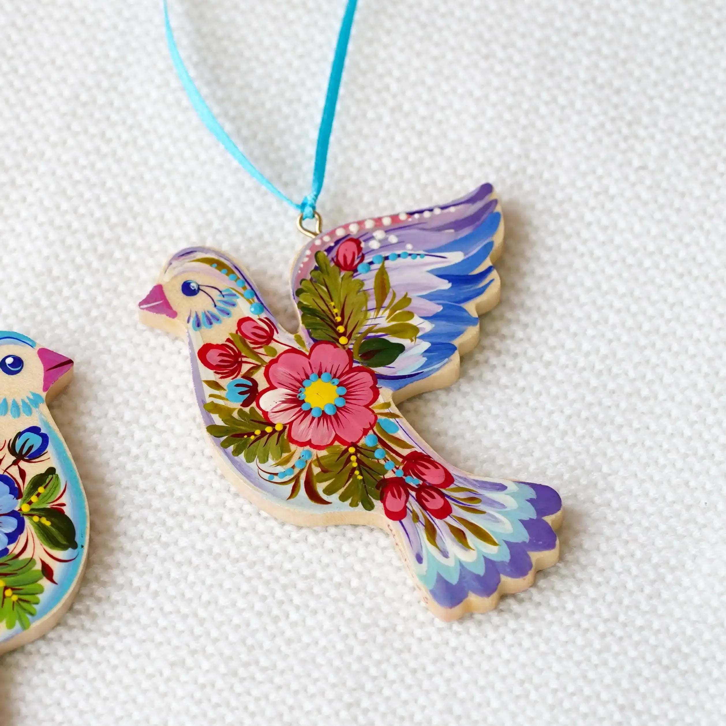 Set of 2 Painted Wooden Blue Dove Ornaments, Petrykivka Art