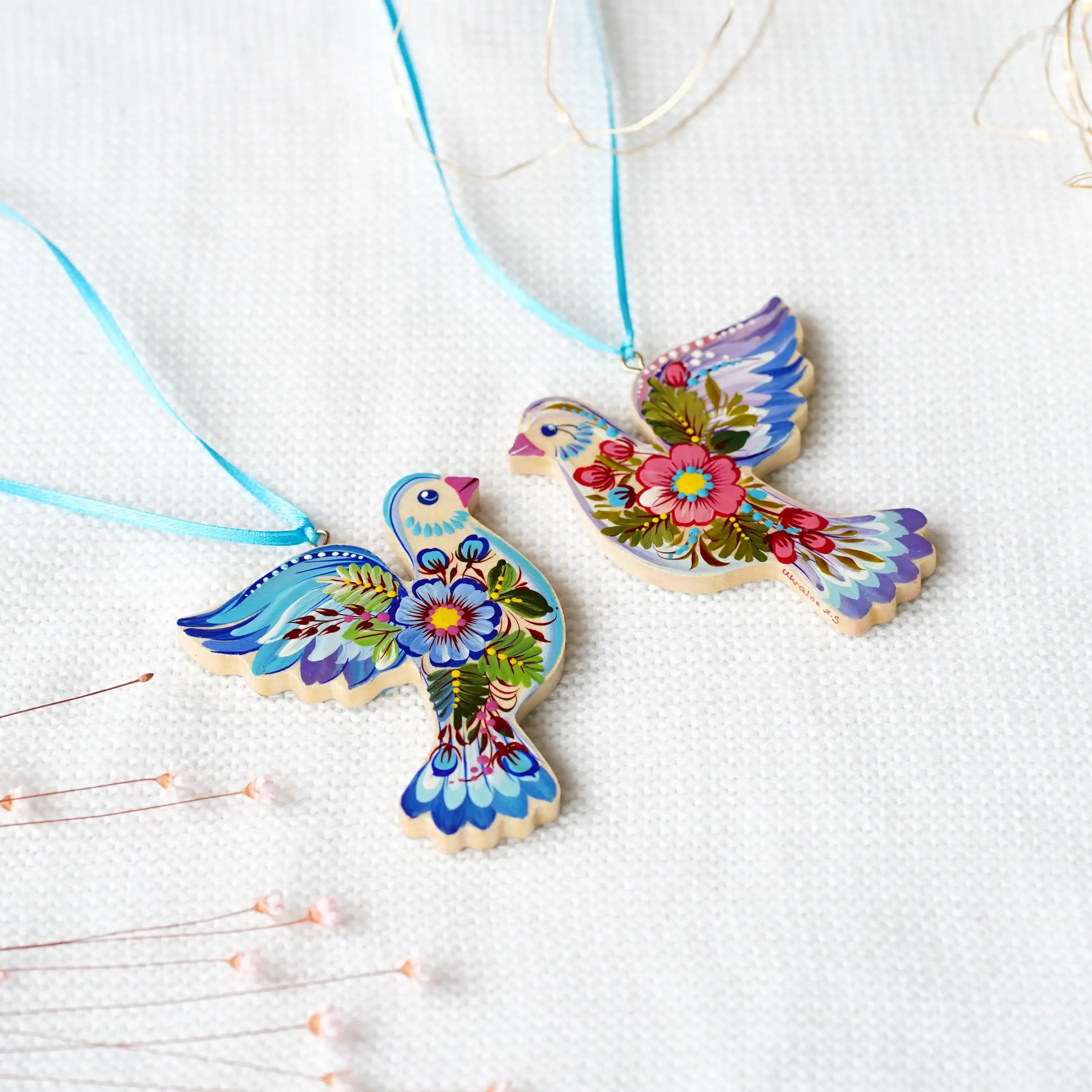 Set of 2 Painted Wooden Blue Dove Ornaments, Petrykivka Art