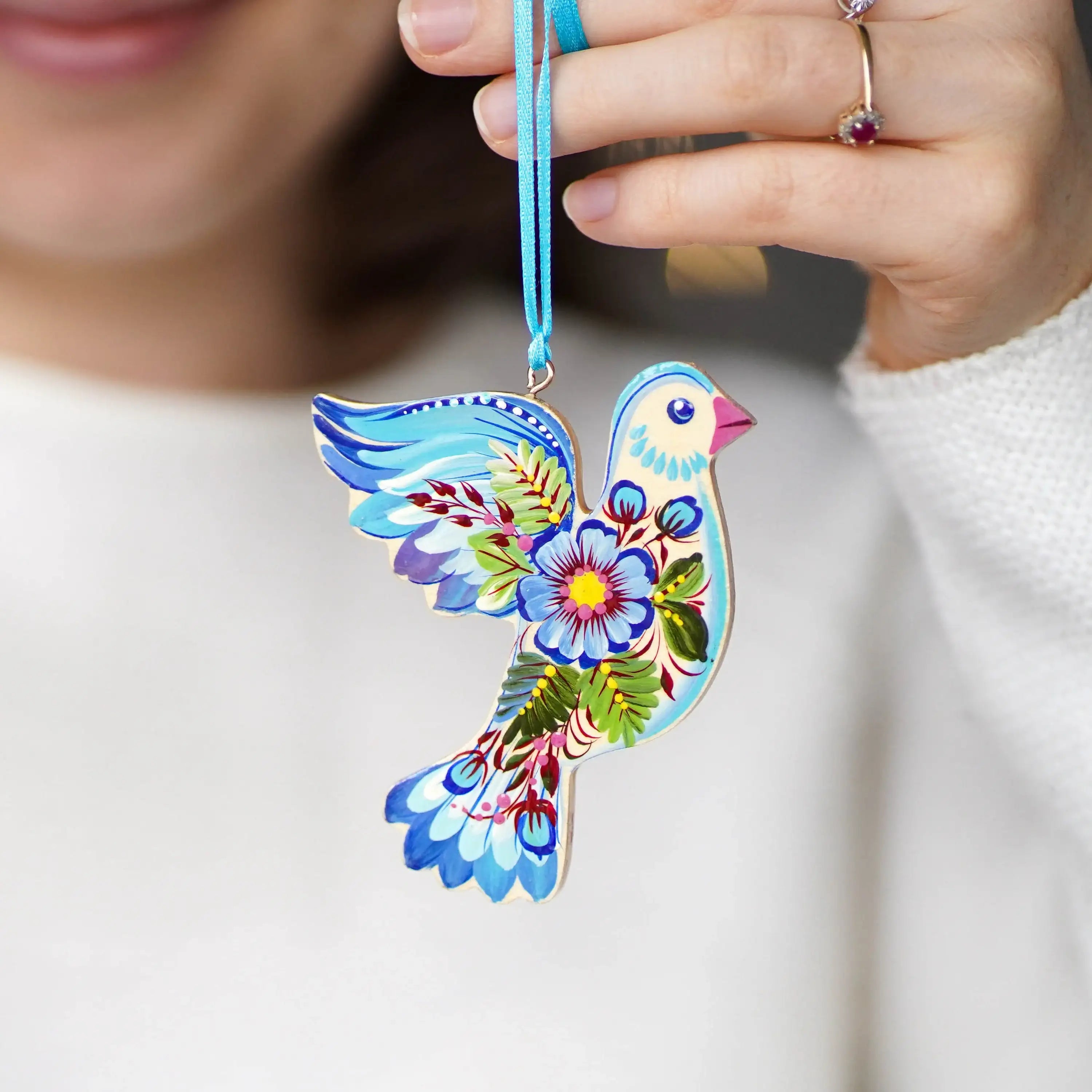 Set of 2 Painted Wooden Blue Dove Ornaments, Petrykivka Art