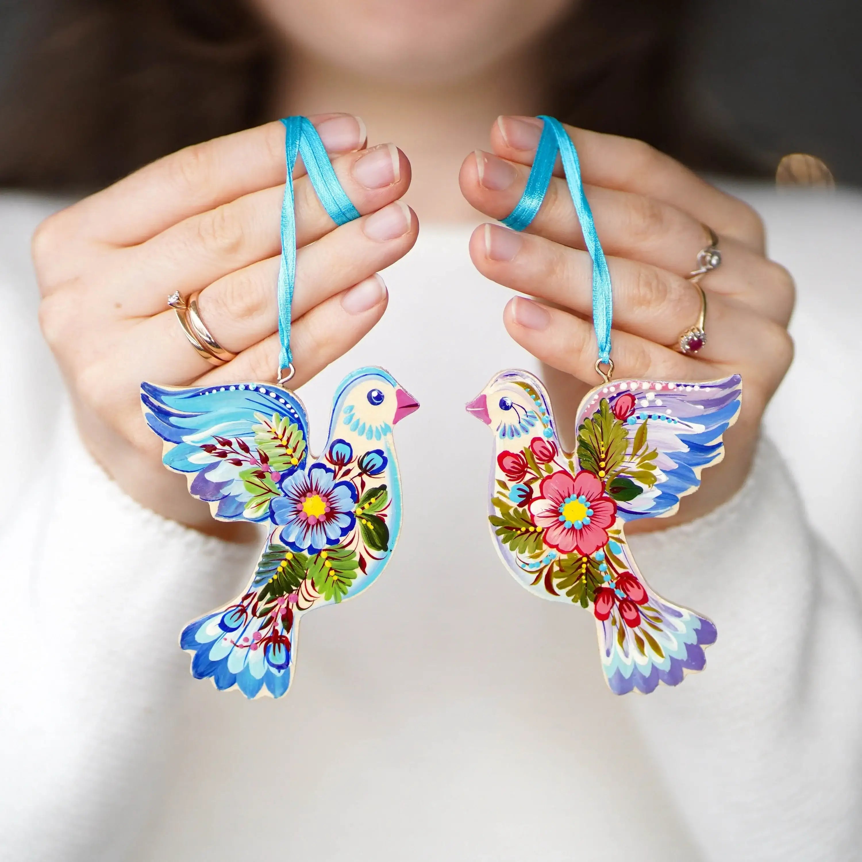 Set of 2 Painted Wooden Blue Dove Ornaments, Petrykivka Art