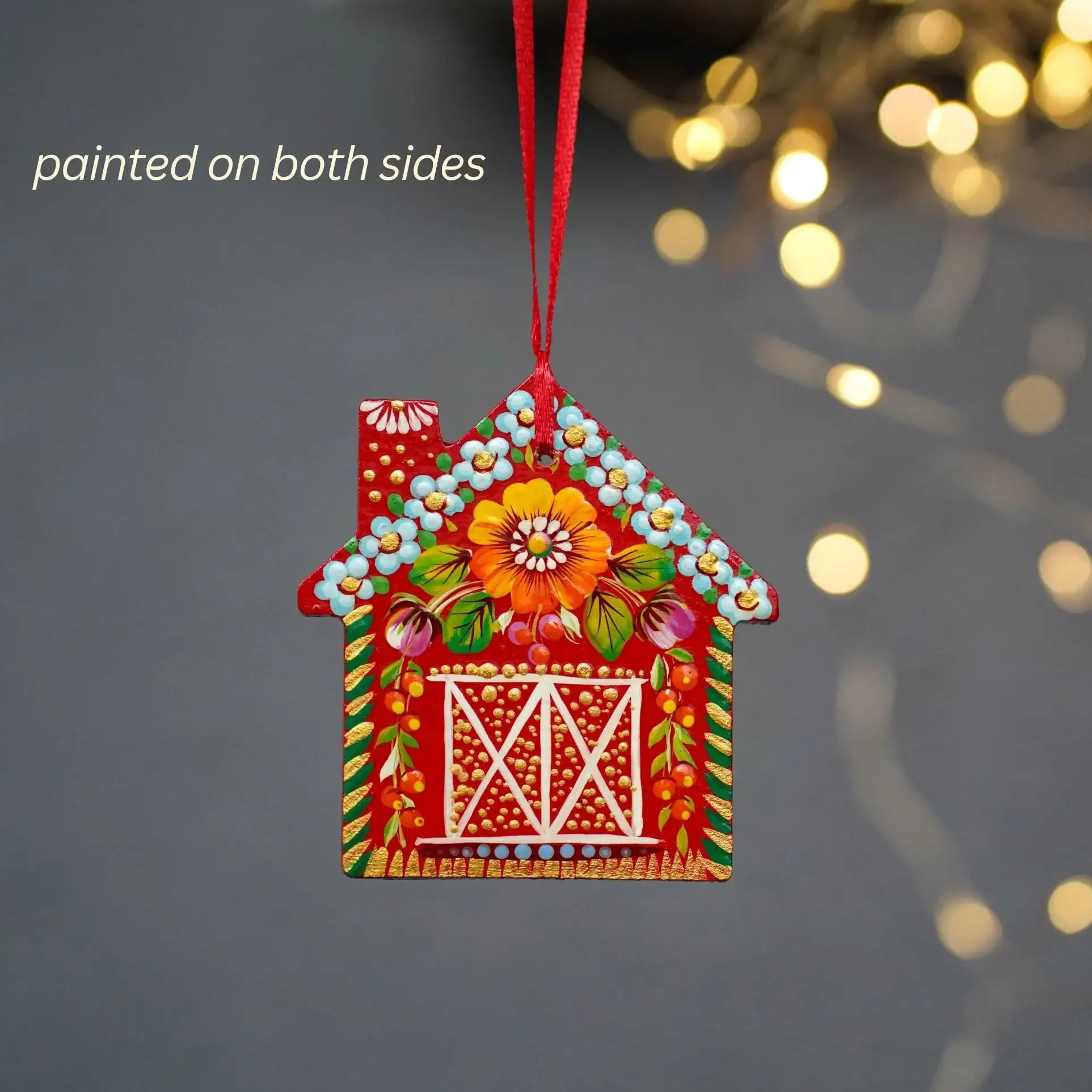 Personalized Painted Wooden Red Barn Christmas Ornament - Gingerbread House Ornament, Handmade Petrykivka Art