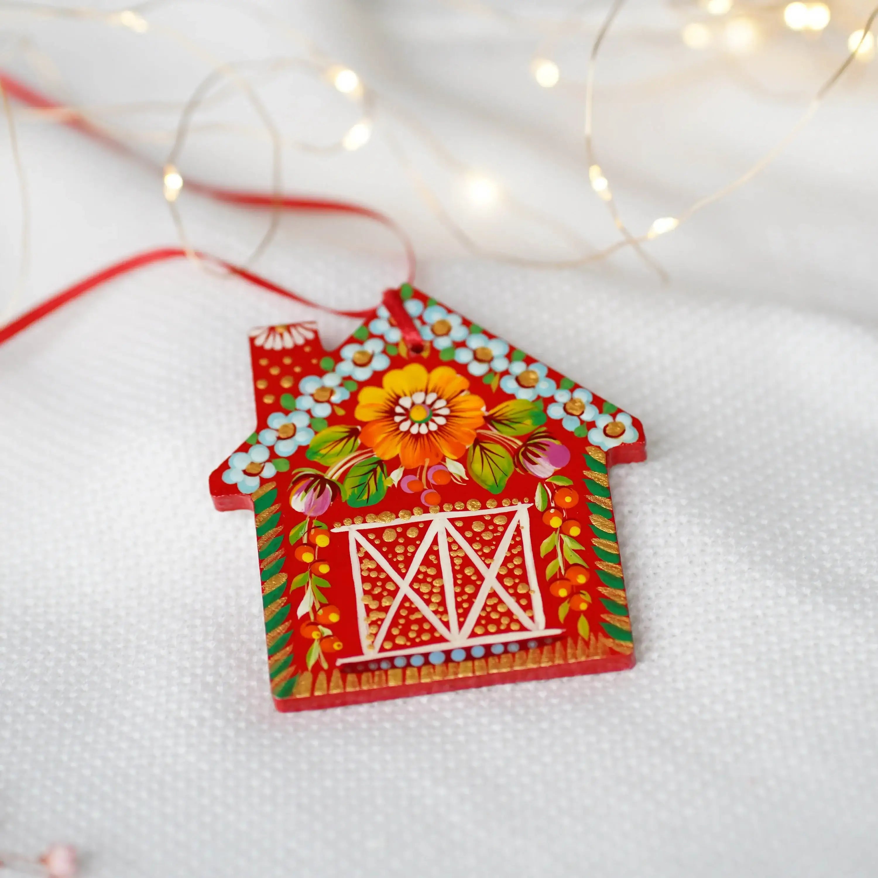 Personalized Painted Wooden Red Barn Christmas Ornament - Gingerbread House Ornament, Handmade Petrykivka Art