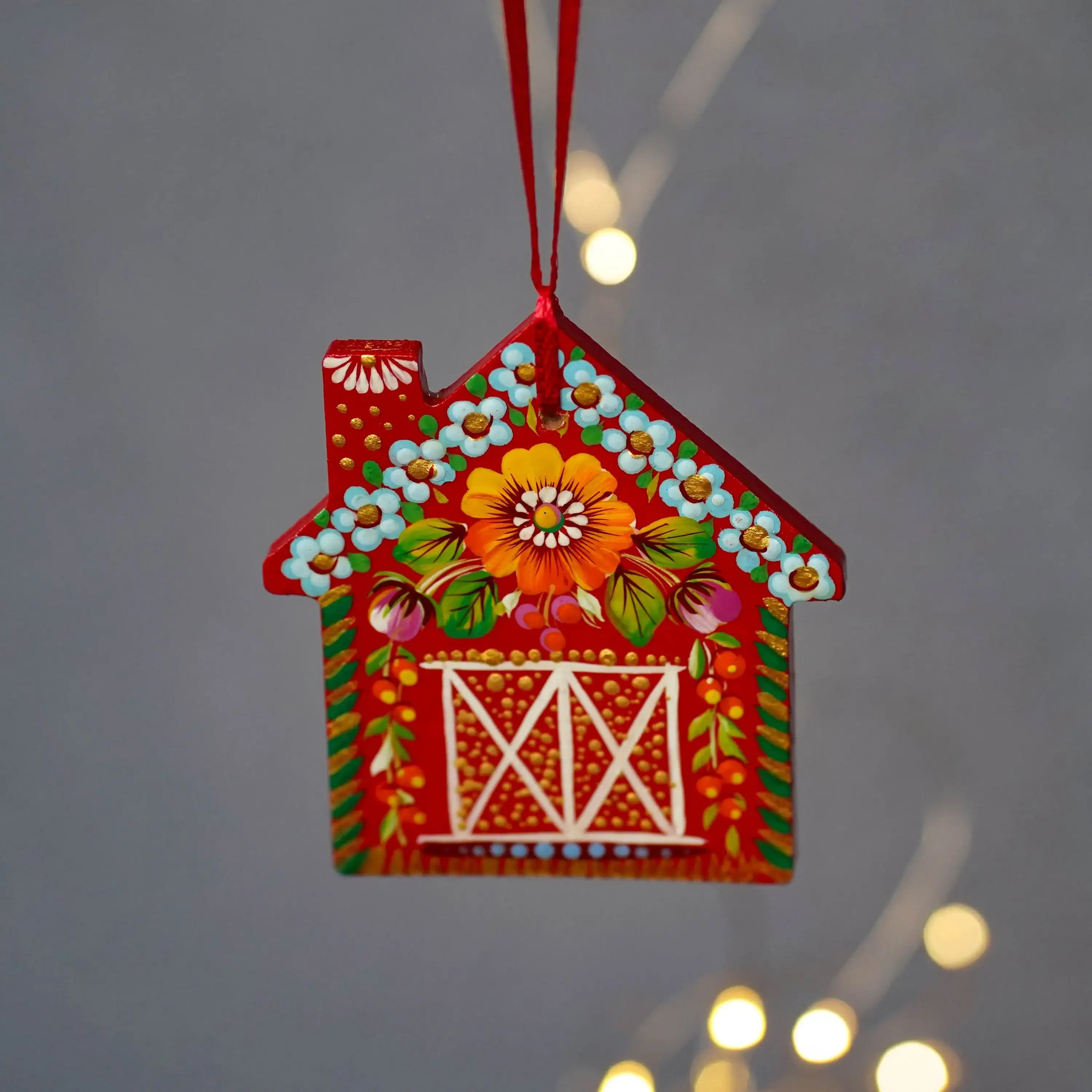 Personalized Painted Wooden Red Barn Christmas Ornament - Gingerbread House Ornament, Handmade Petrykivka Art