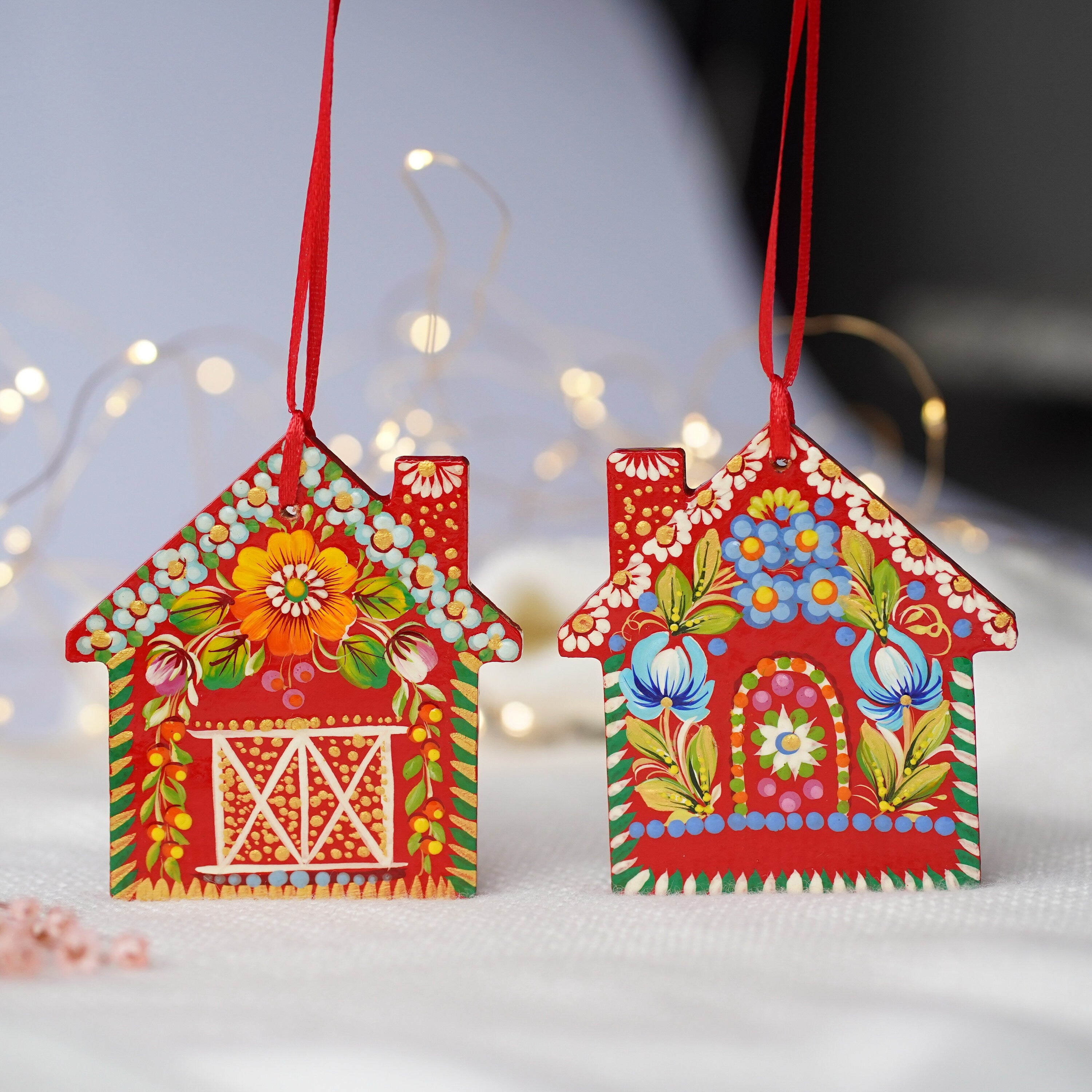 Personalized Painted Wooden Red Barn Christmas Ornament - Gingerbread House Ornament, Handmade Petrykivka Art