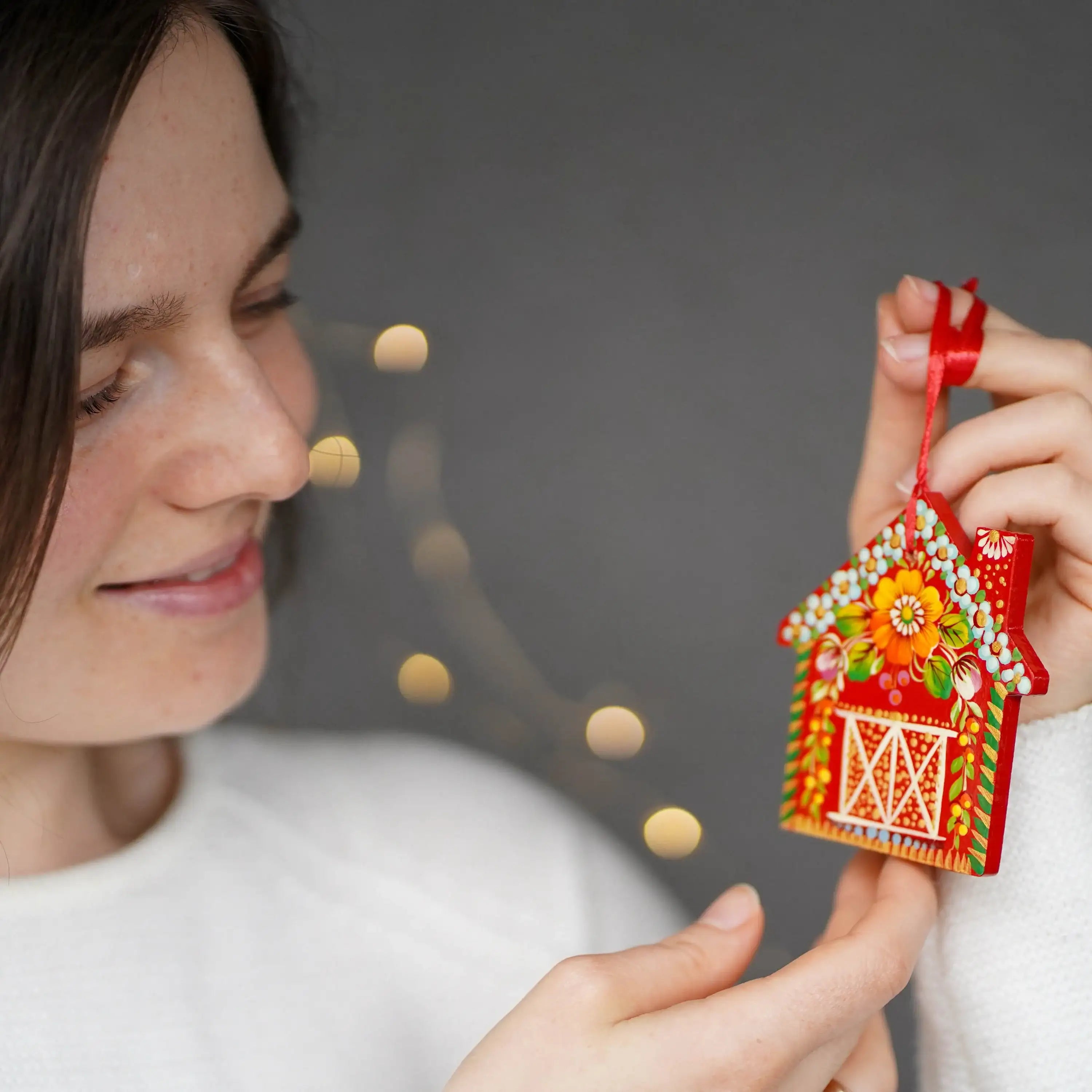 Personalized Painted Wooden Red Barn Christmas Ornament - Gingerbread House Ornament, Handmade Petrykivka Art