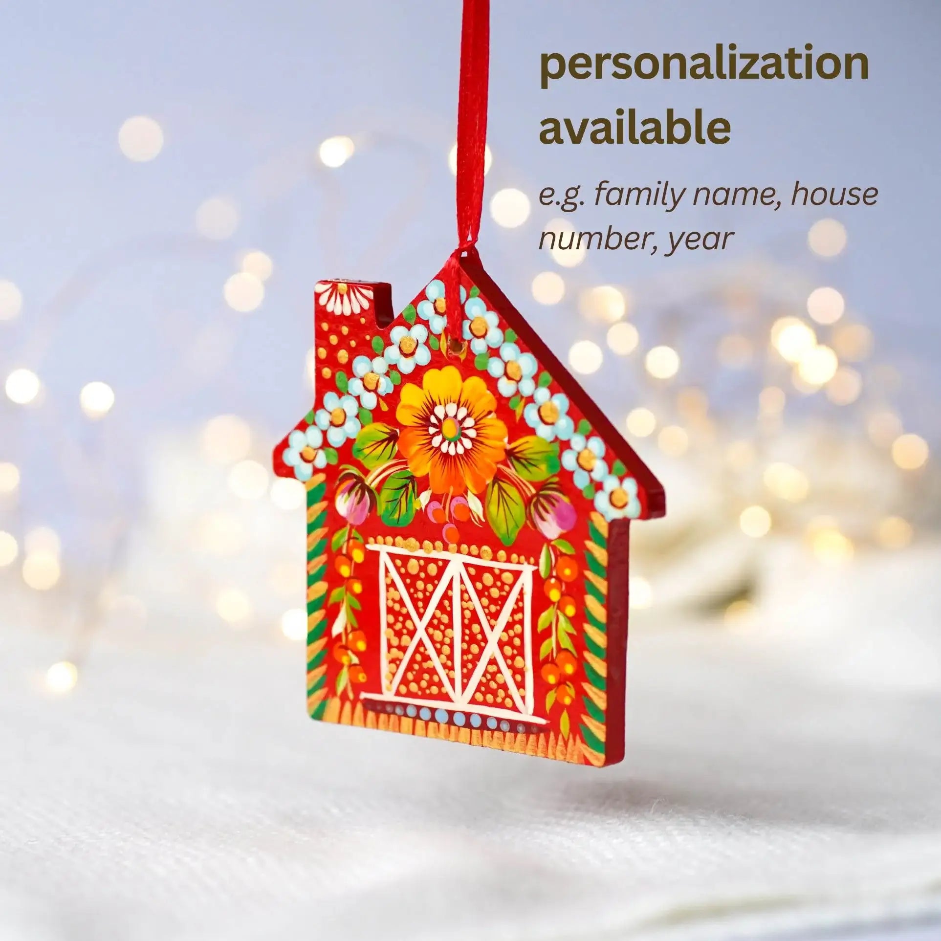 Personalized Painted Wooden Red Barn Christmas Ornament - Gingerbread House Ornament, Handmade Petrykivka Art